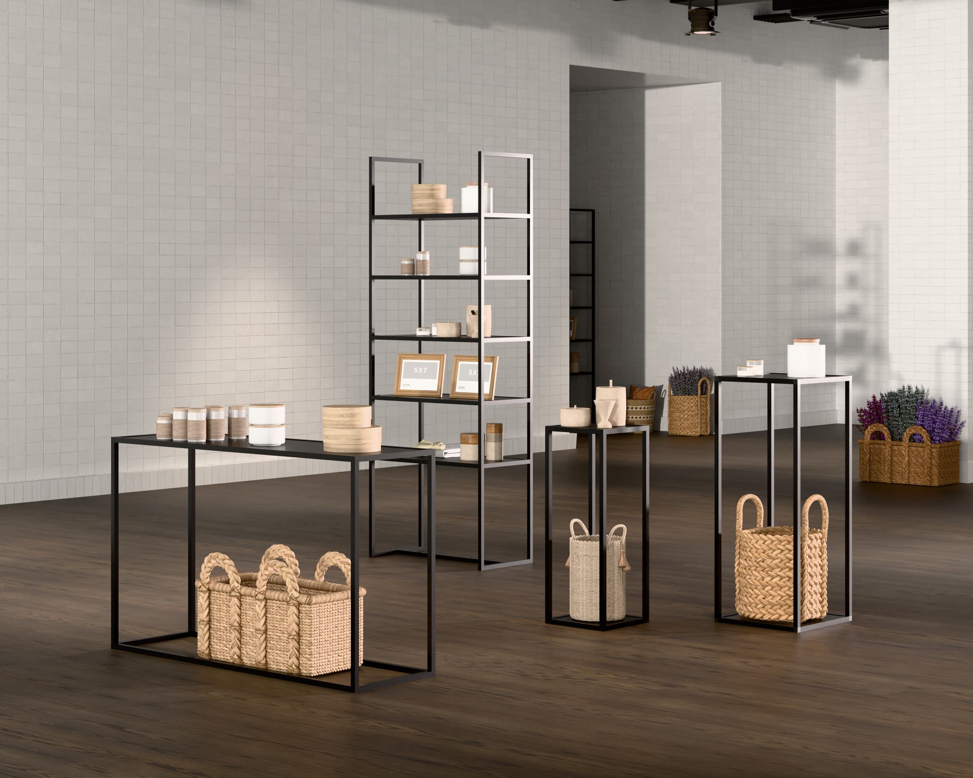 Slim tall side table in retail environment