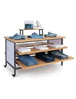 Tiered display table with wheels and frosted acrylic side panels 