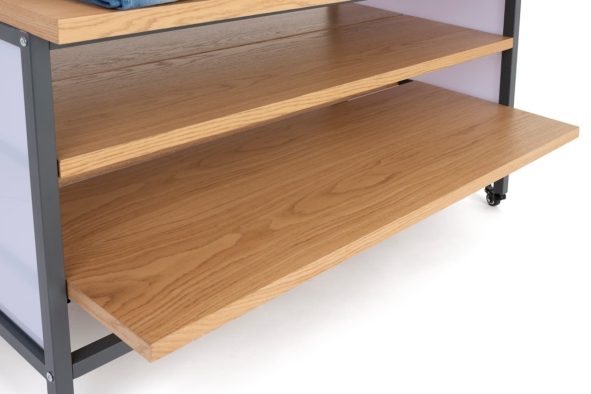 Tiered display table with wheels and rolling glide shelves