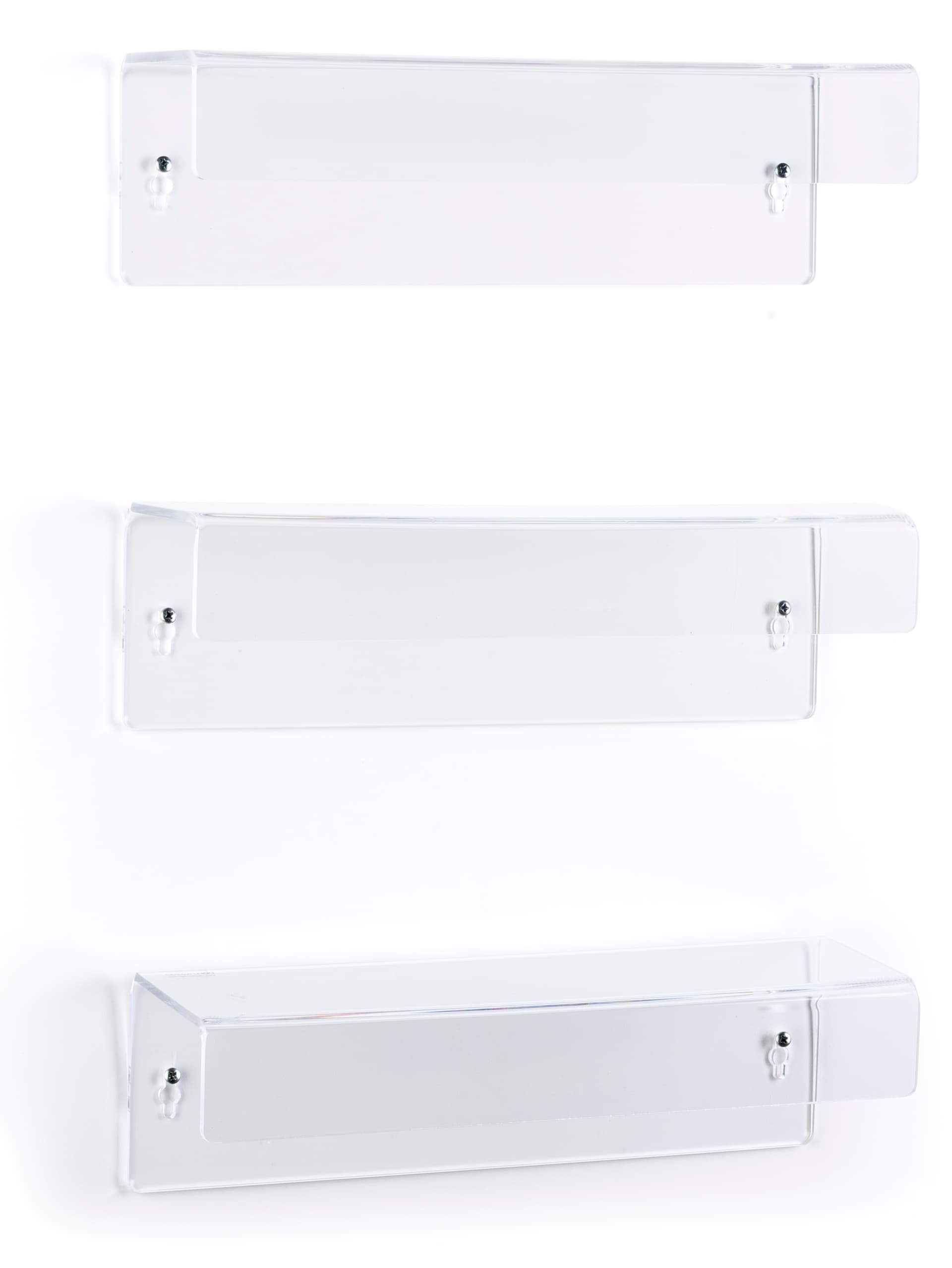 Wall mounted acrylic shelves with dual-sided keyhole cutouts