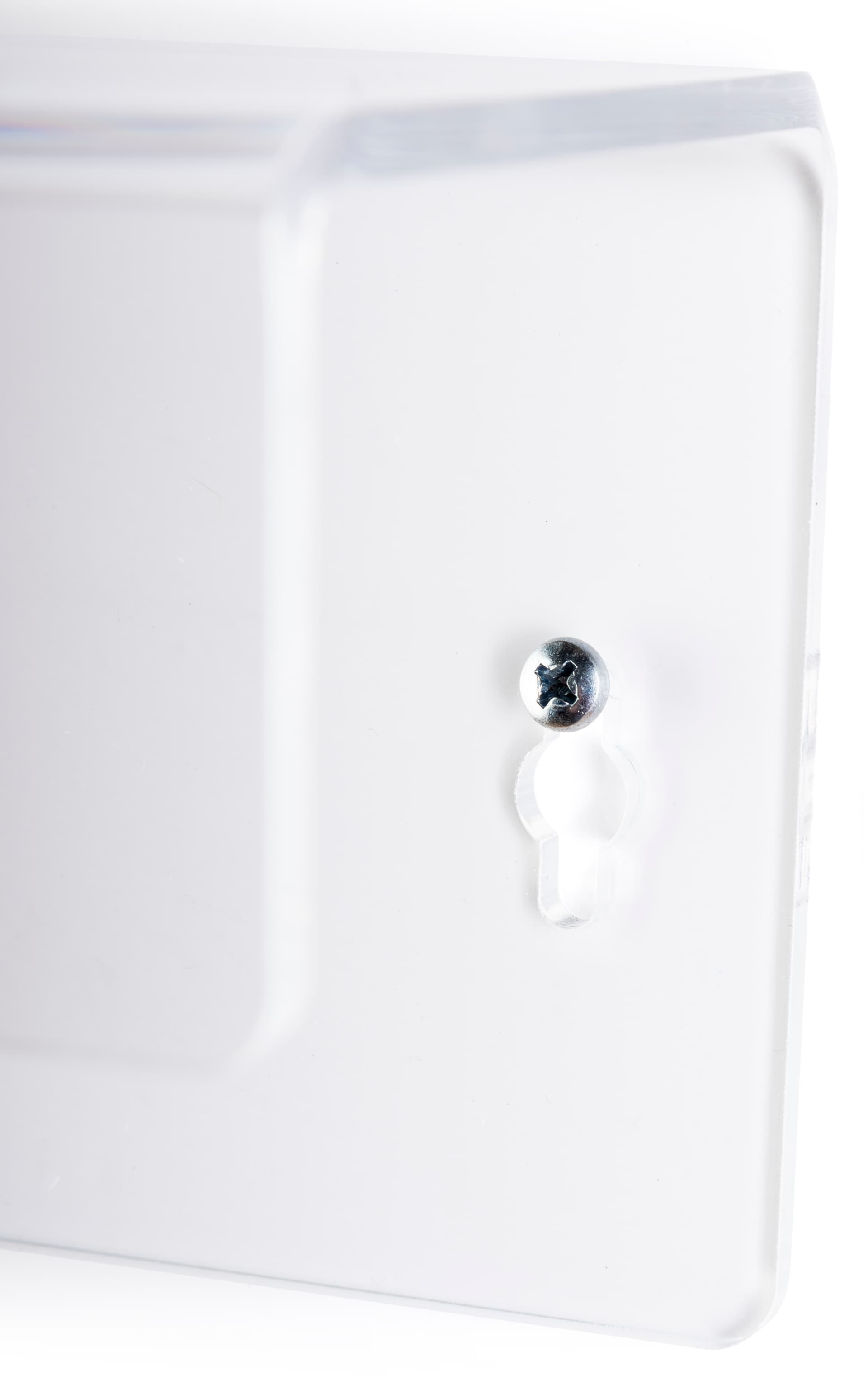 Wall mounted acrylic shelves feature 1 inch double sided keyhole