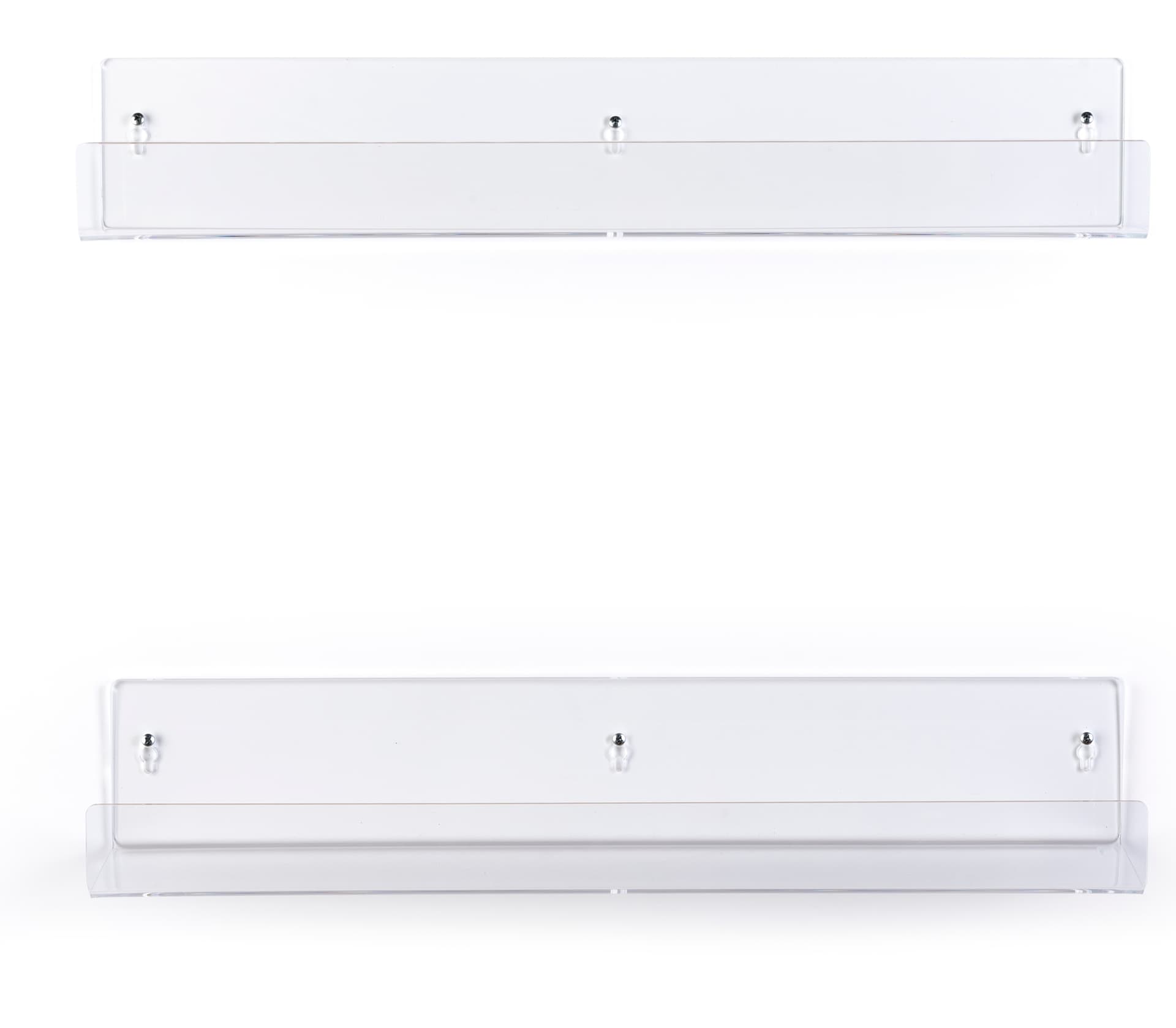 Acrylic wall shelves with 3 dual sided mounting keyholes 