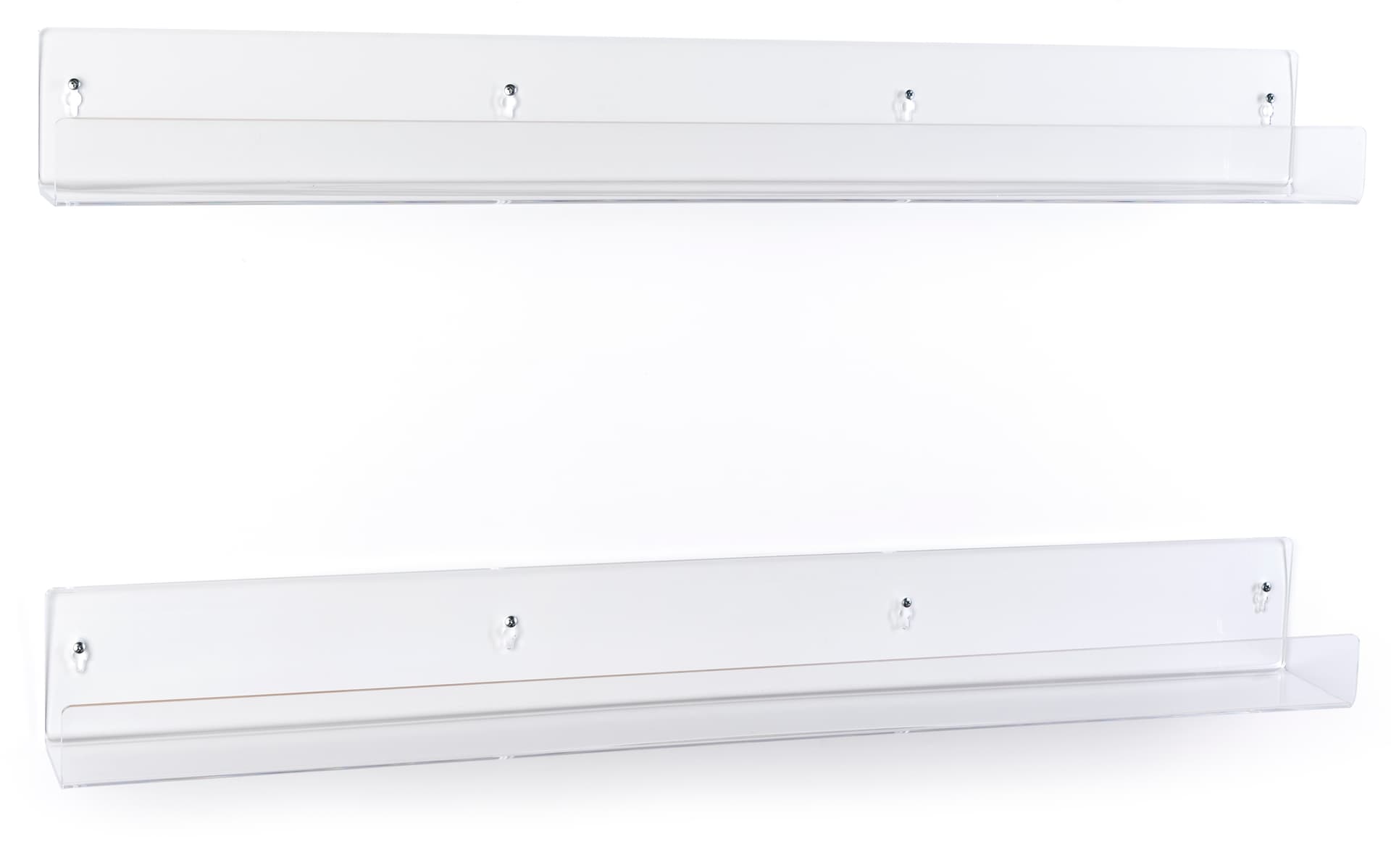 Clear acrylic shelves with five pound max weight capacity 