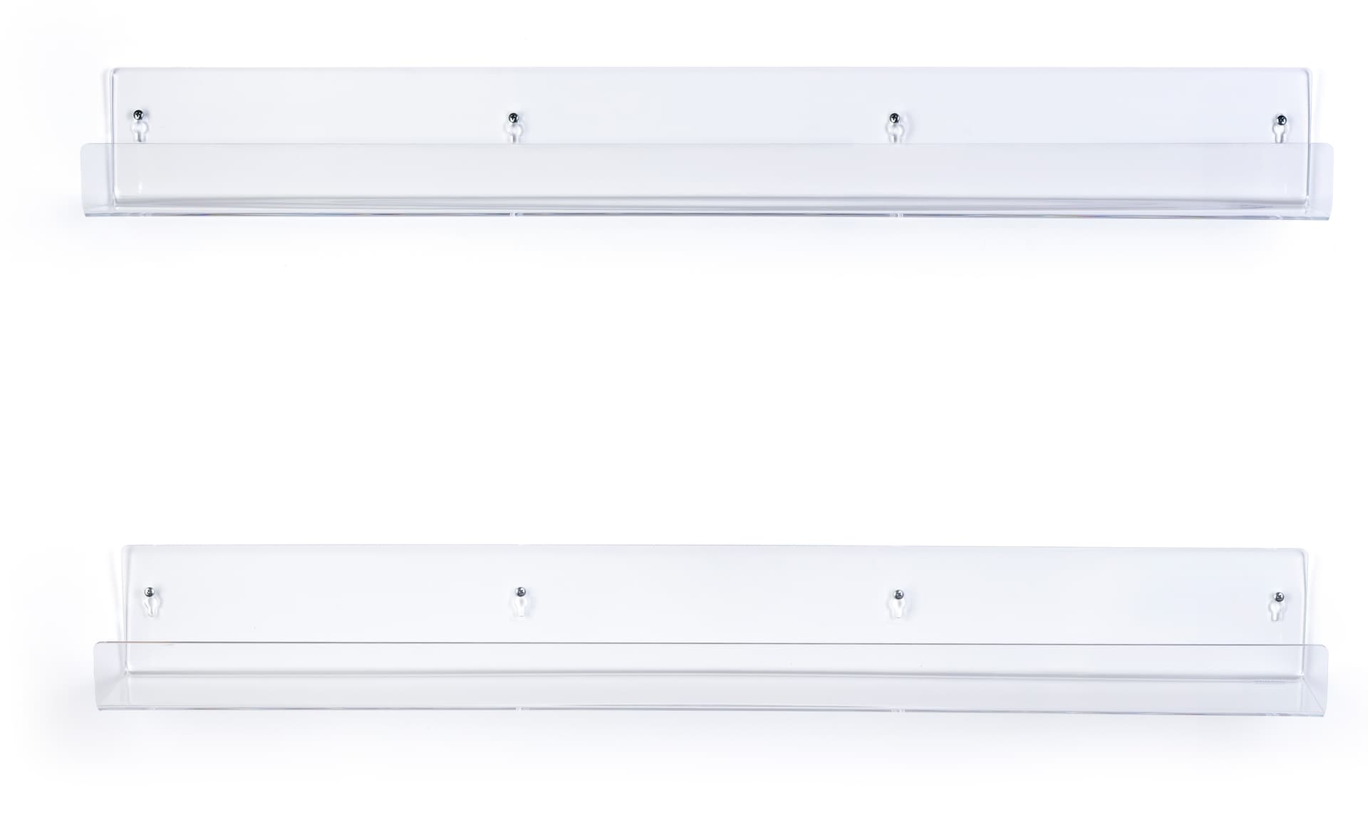 Clear acrylic shelves with four dual sided keyholes 