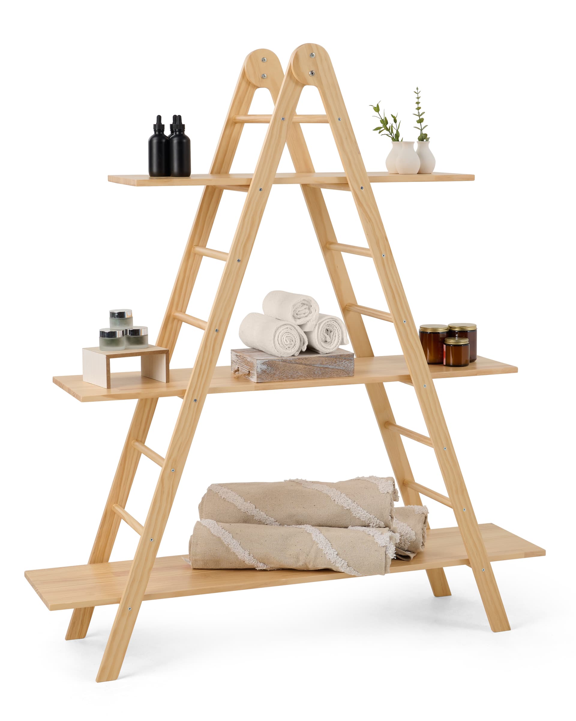 A-frame shelf made of natural pine wood material 