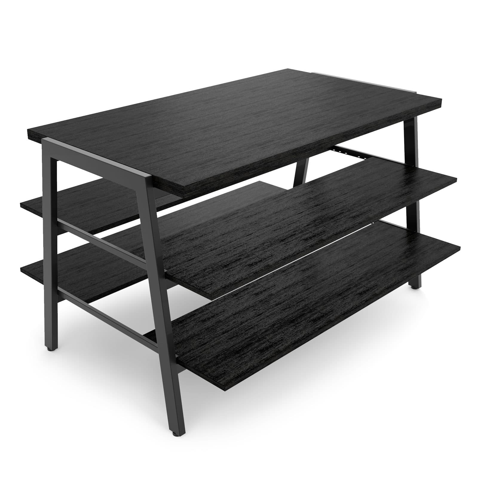 3 tier display table shown with black shelves fully extended