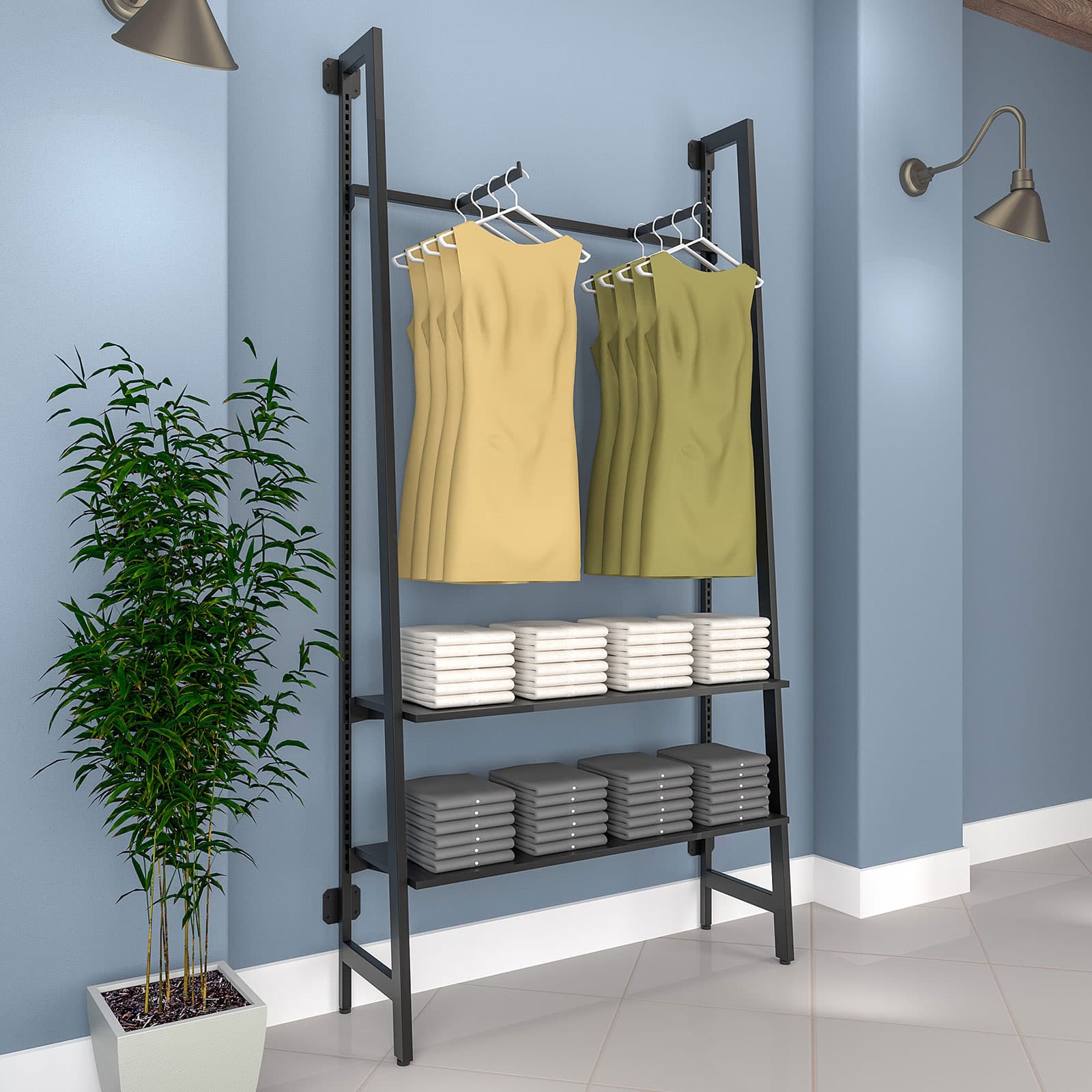 Wall mount a-frame outrigger adds style and sophistication to any store