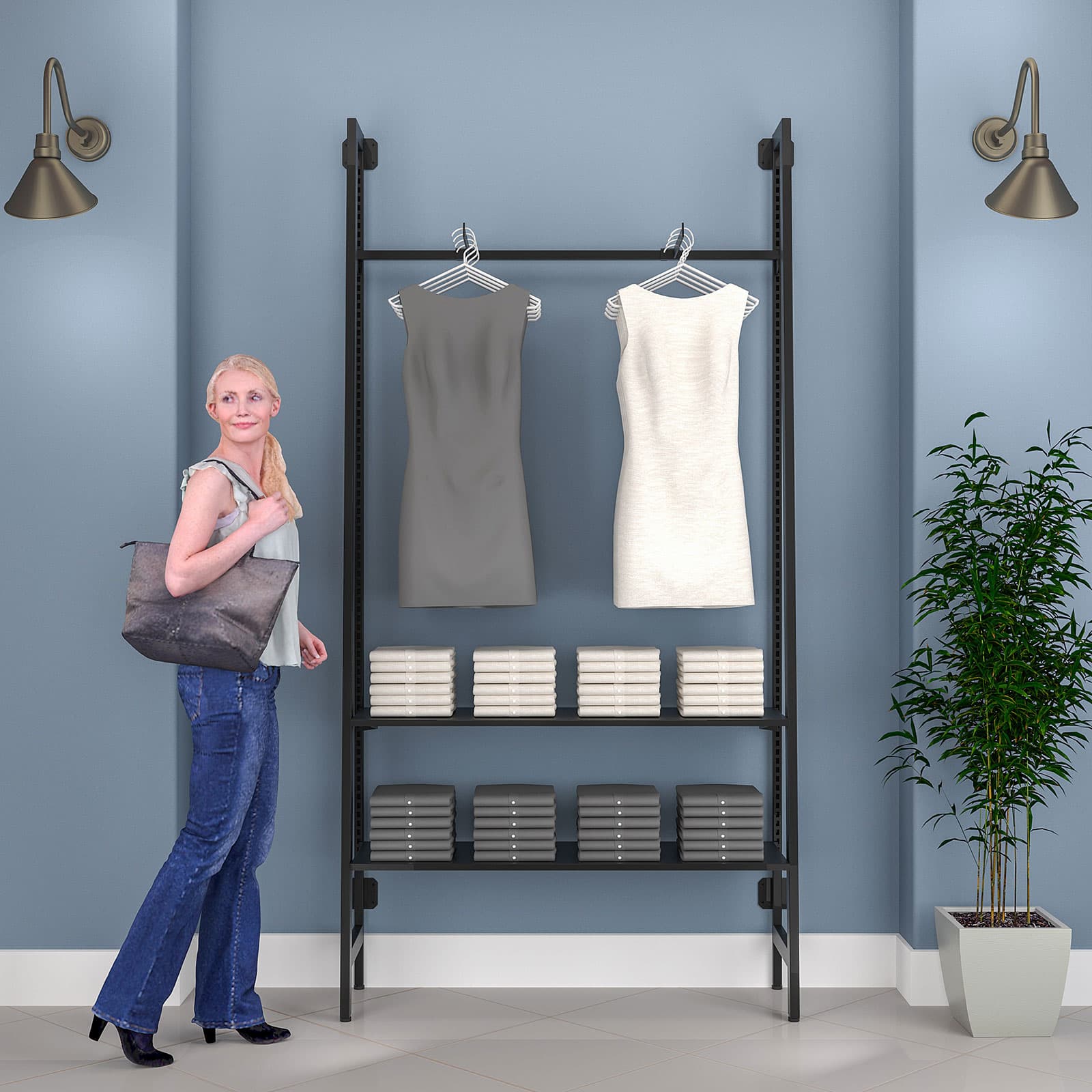 Wall mount a-frame outrigger places merchandise within easy reach for customer shopping