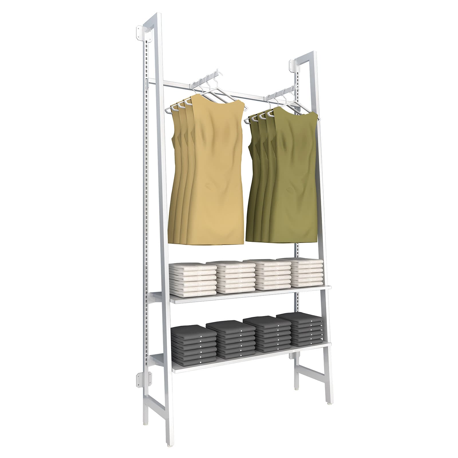 Wall mount a-frame outrigger accommodates both hanging and folded clothing