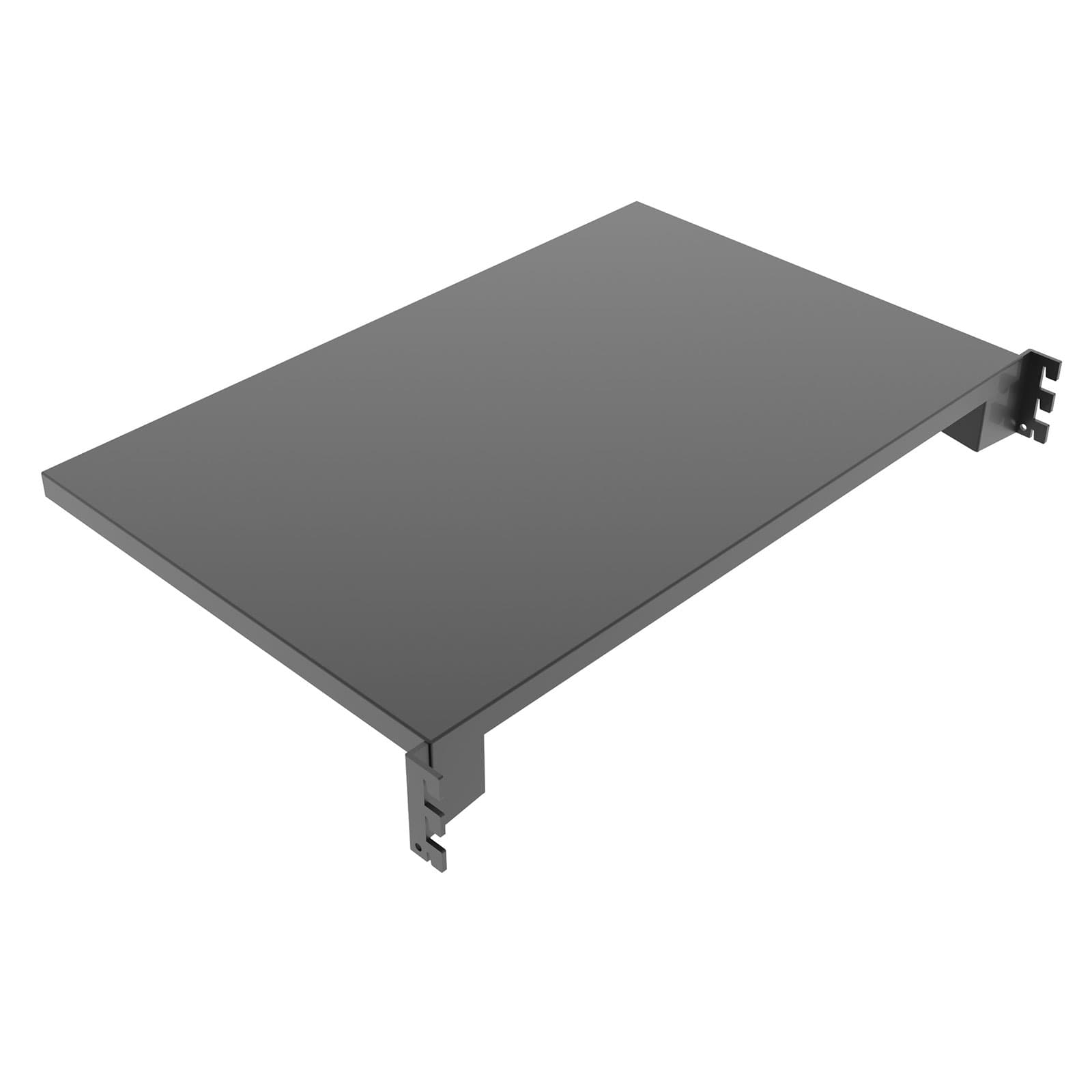 Gondola shelf shown with integrated brackets that hook onto the gondola