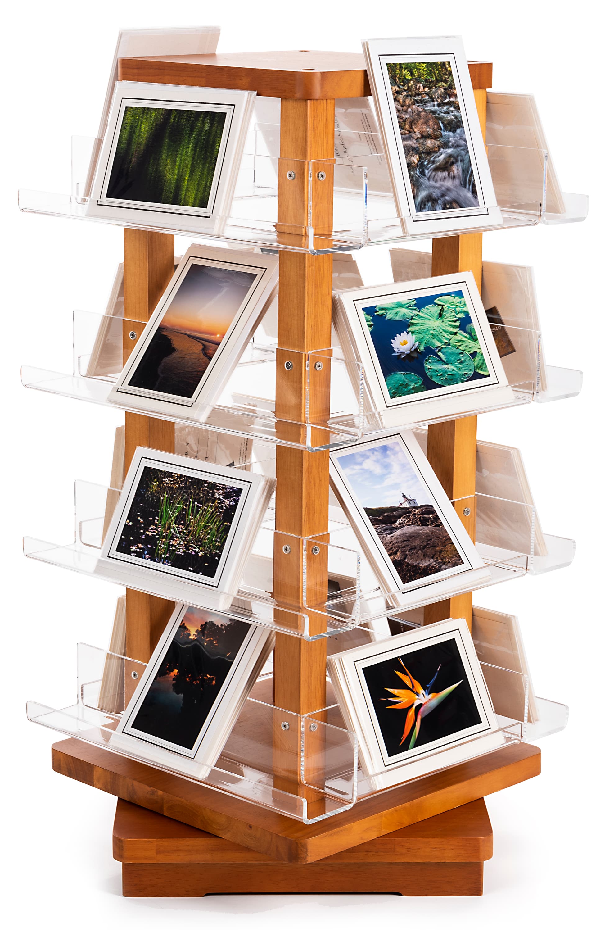 Spinning wooden literature holder includes 16 acrylic shelves 