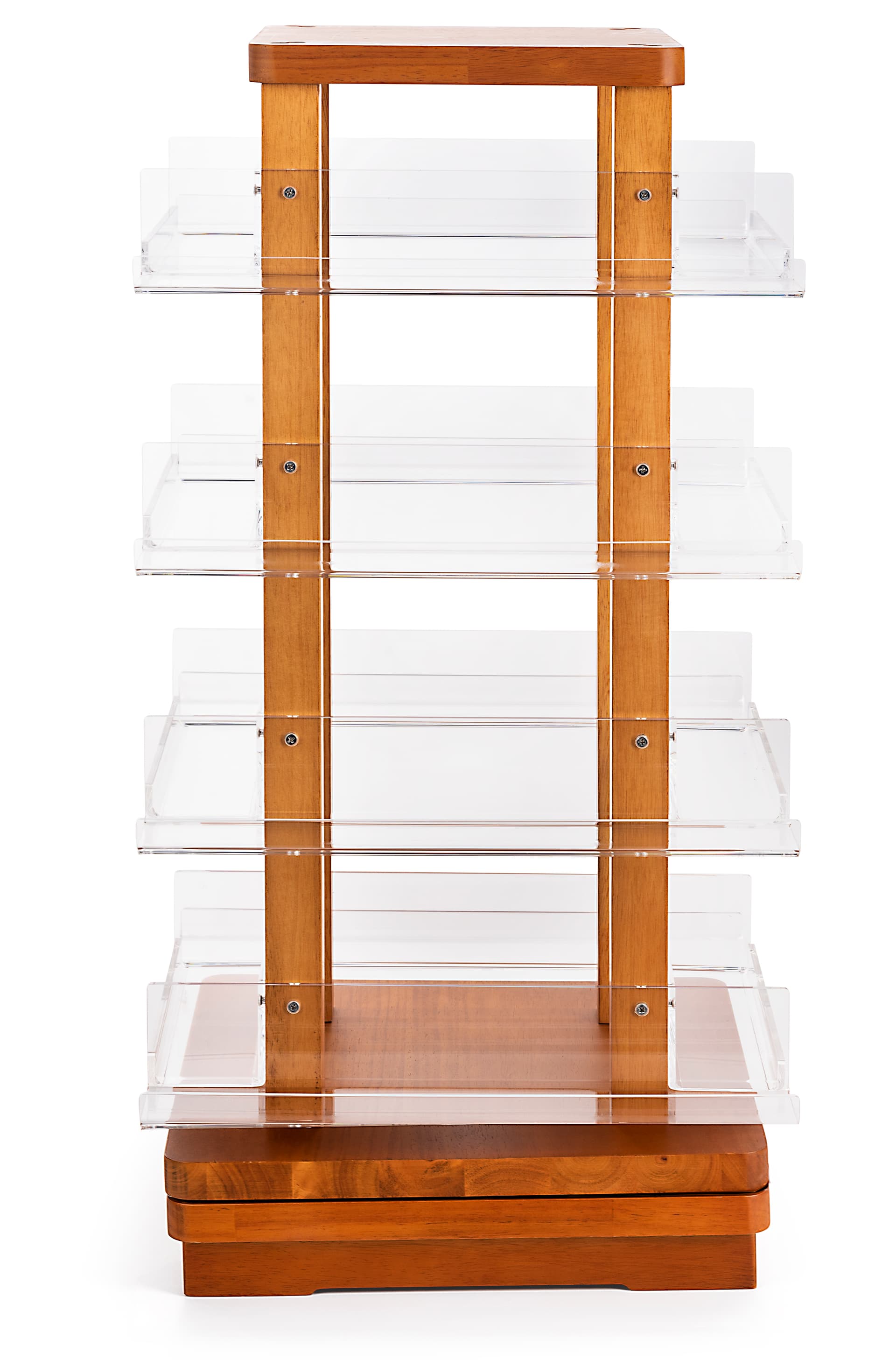 Four sided spinning wooden literature holder measures 13 inches wide by 30 inches tall 