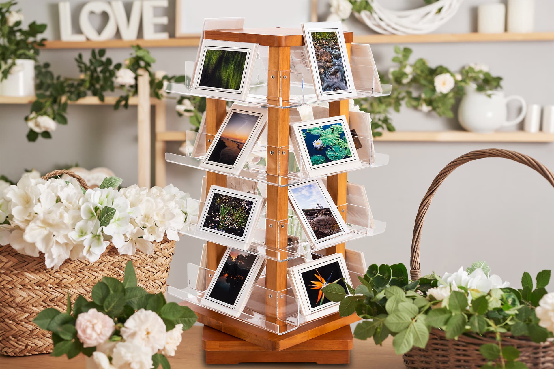 Spinning wooden literature holder with multiple tiers of clear acrylic shelving 