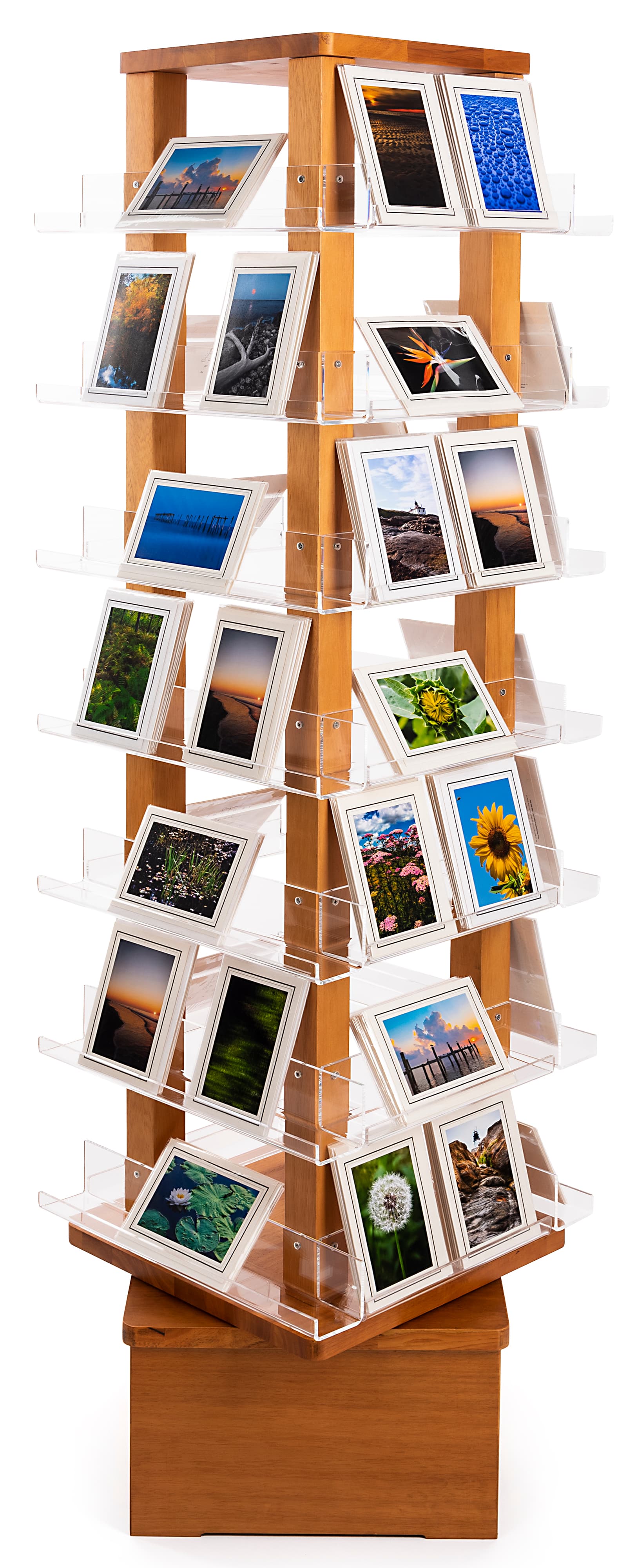 Revolving wood literature rack includes 28 shelves with 1 inch tall ledge 