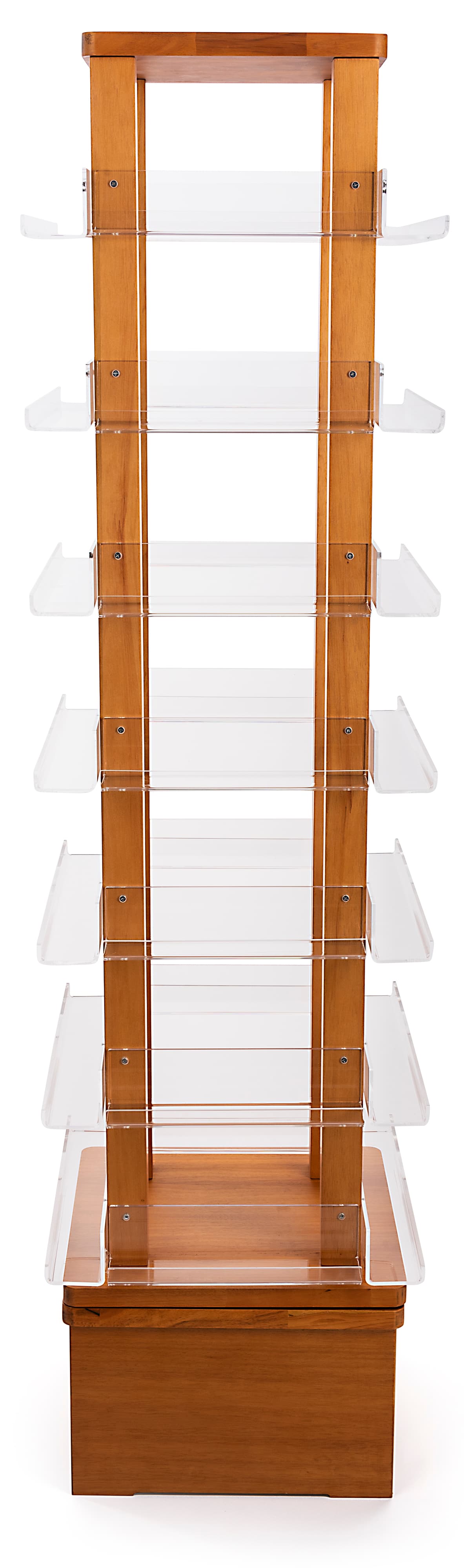 Four-sided revolving wood literature rack measures 16 inches wide by 70 inches tall 