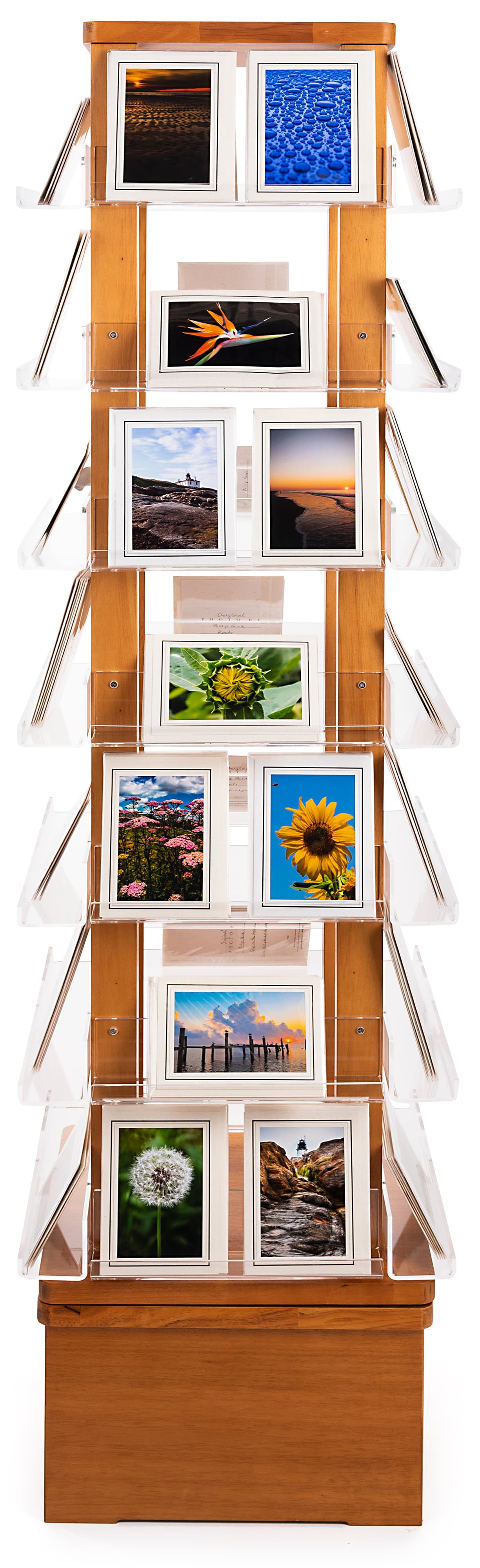 Revolving wood literature rack with 8 inch shelf clearance 