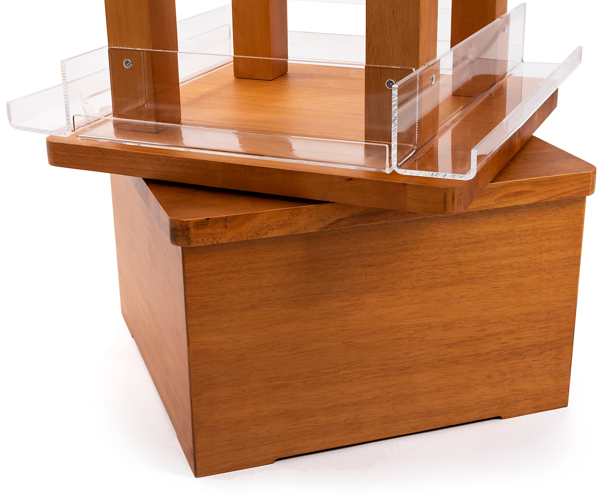 Revolving wood literature rack with floor standing placement style 