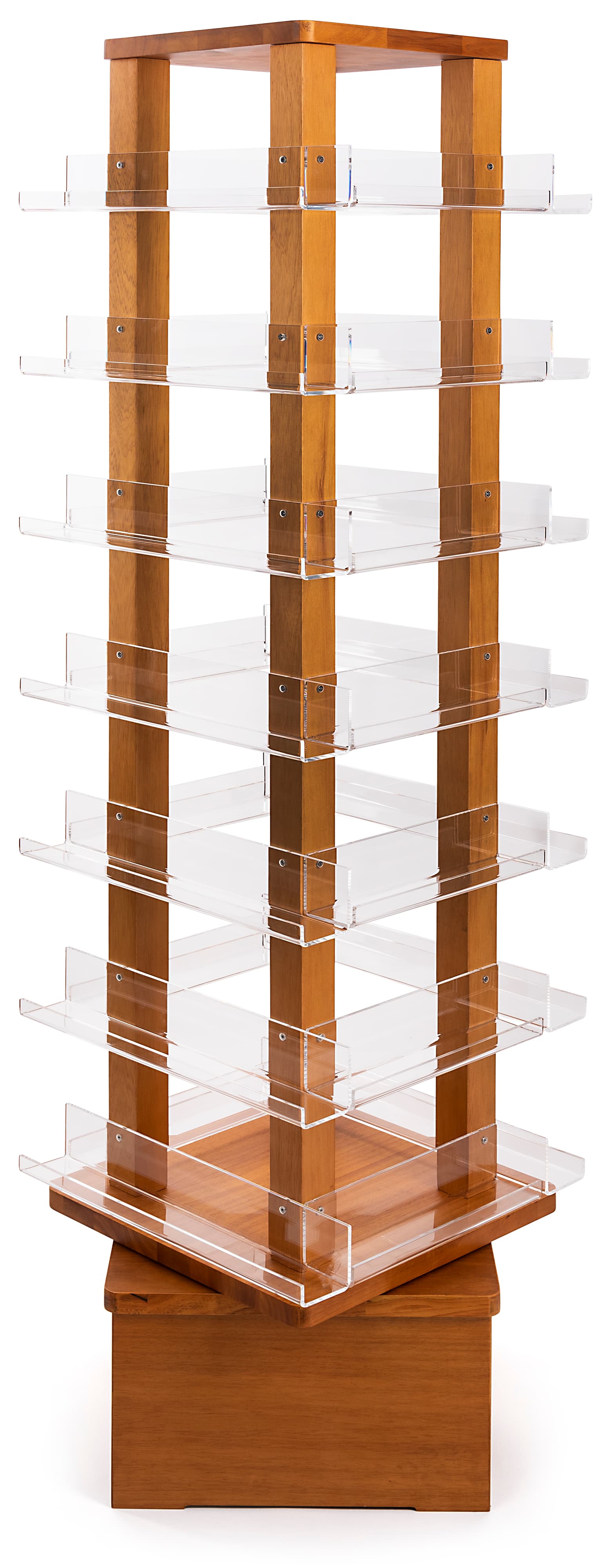 Revolving wood literature rack with 28 clear shelves 
