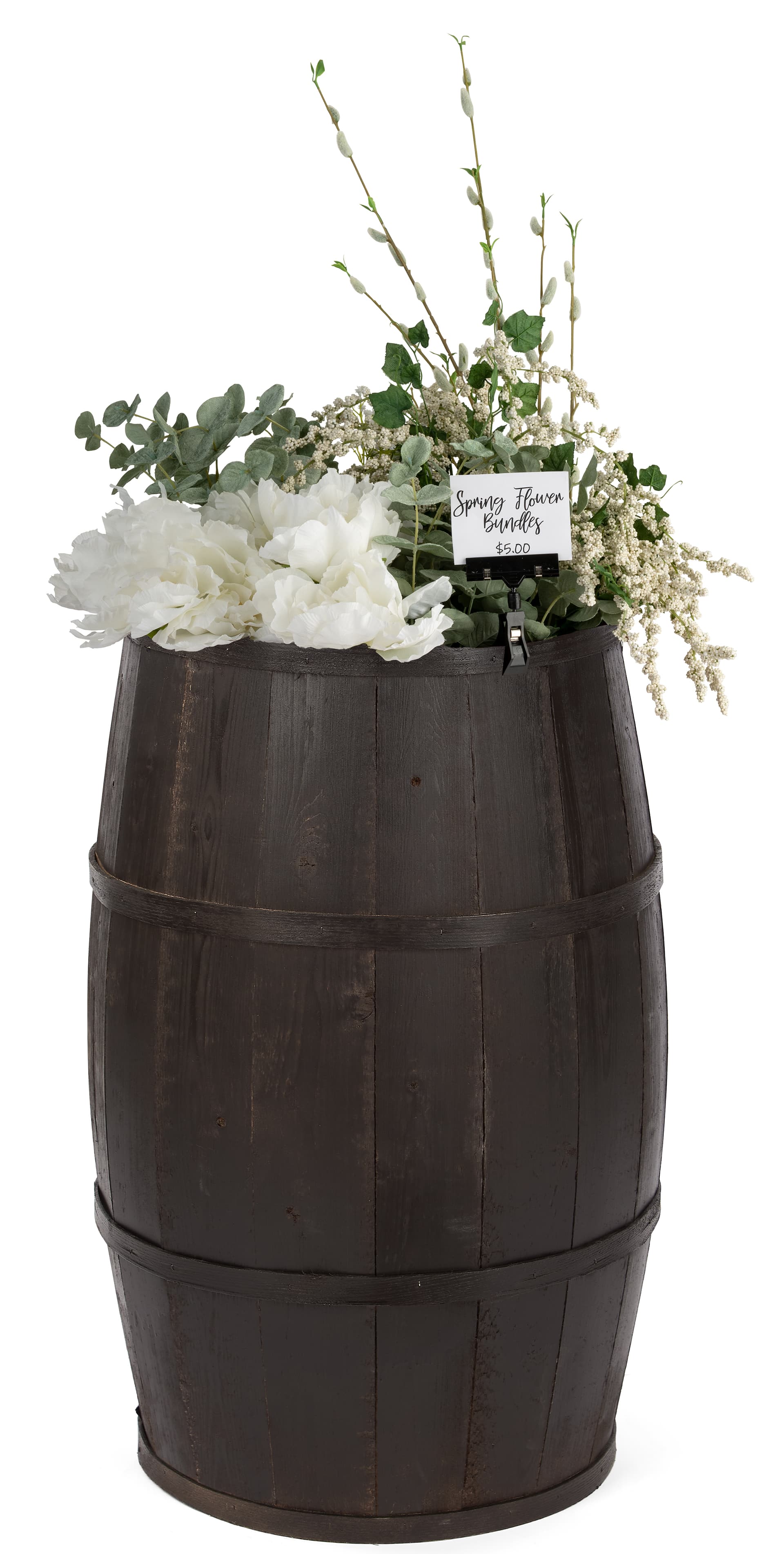 Wooden display barrel with dark stained finish