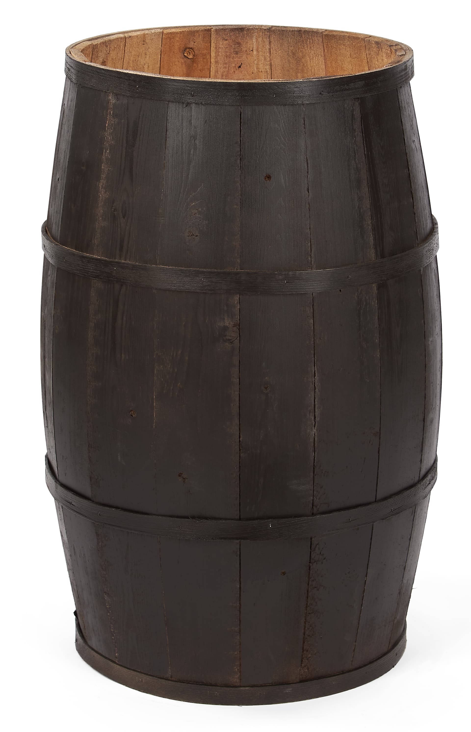 Wooden display barrel with sleek dark brown finish