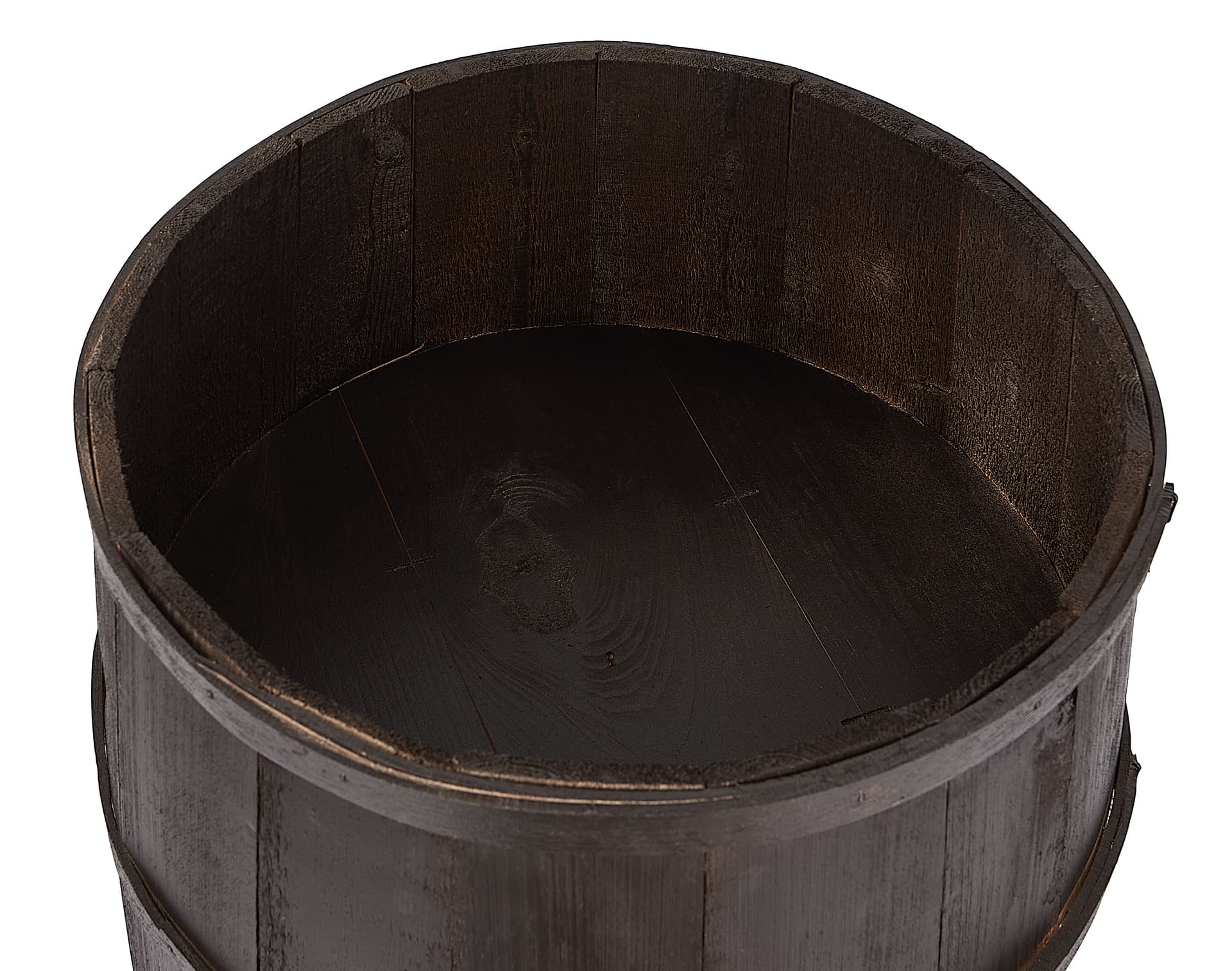 Bourbon barrel display case has a 8 inch deep false bottom