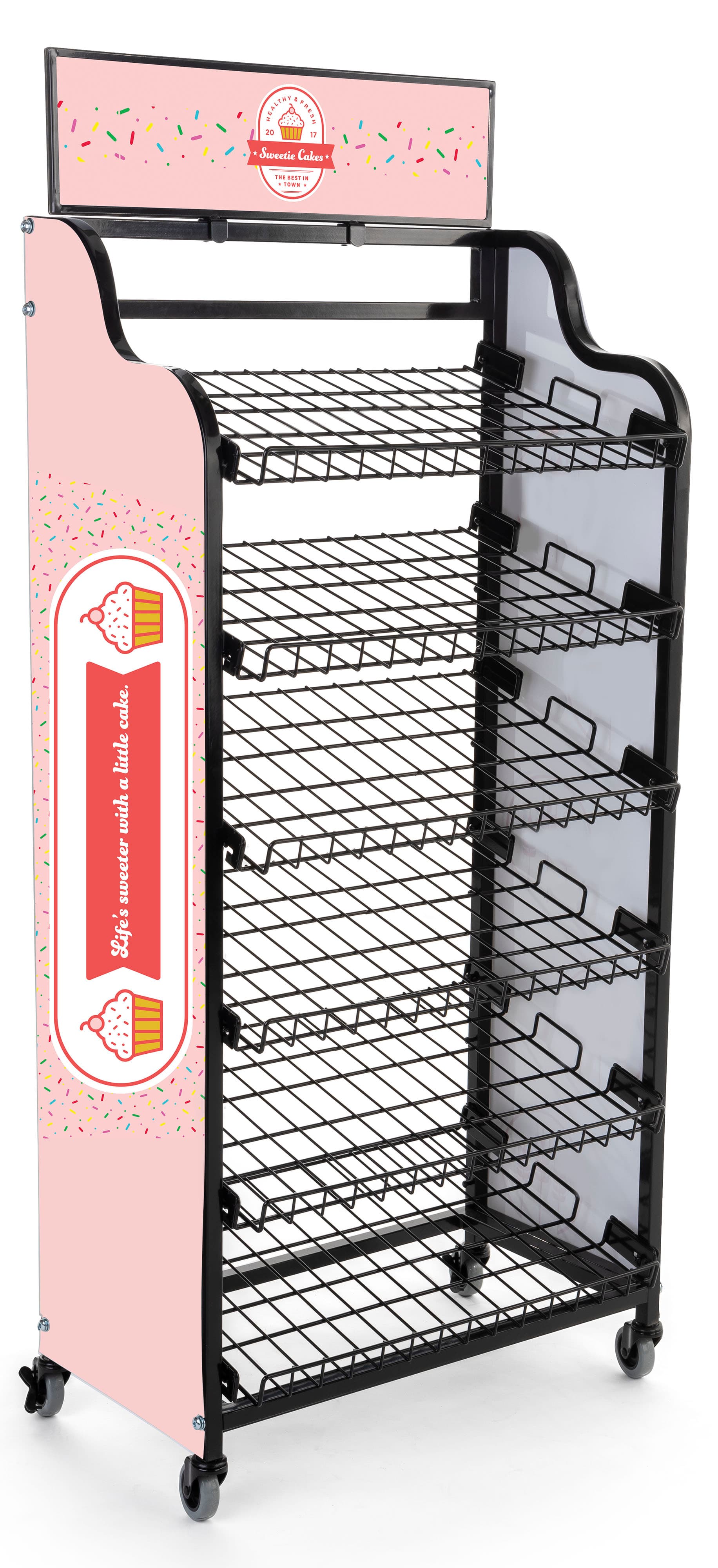 Custom bakery rack signage for BAKCRT6NBK includes 3 full color printing areas 