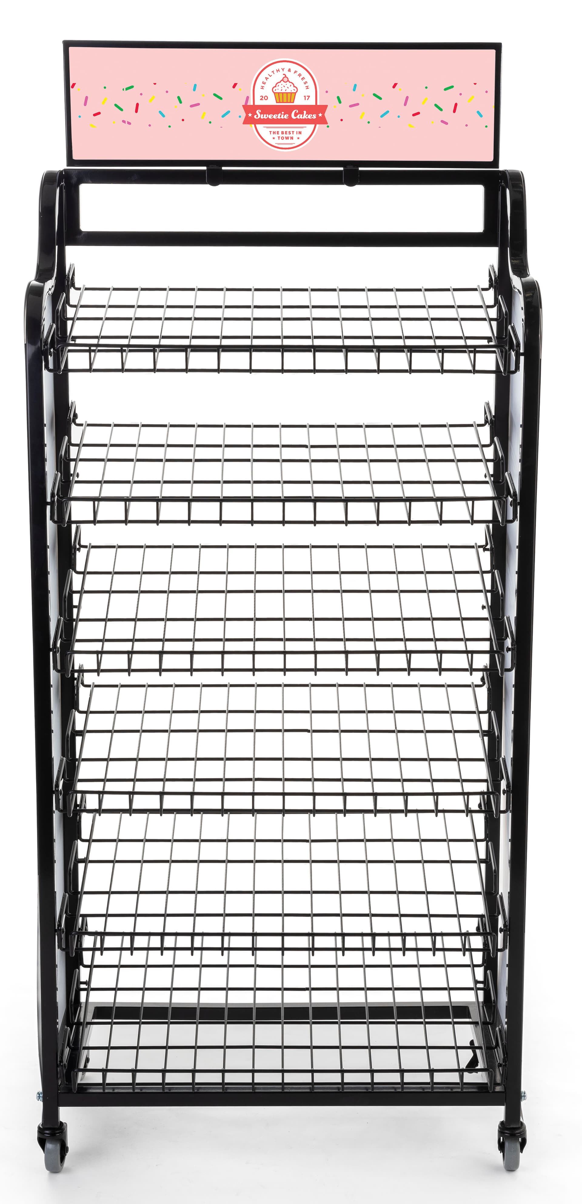 Custom bakery rack signage for BAKCRT6NBK includes contour cut graphics with matte finish 