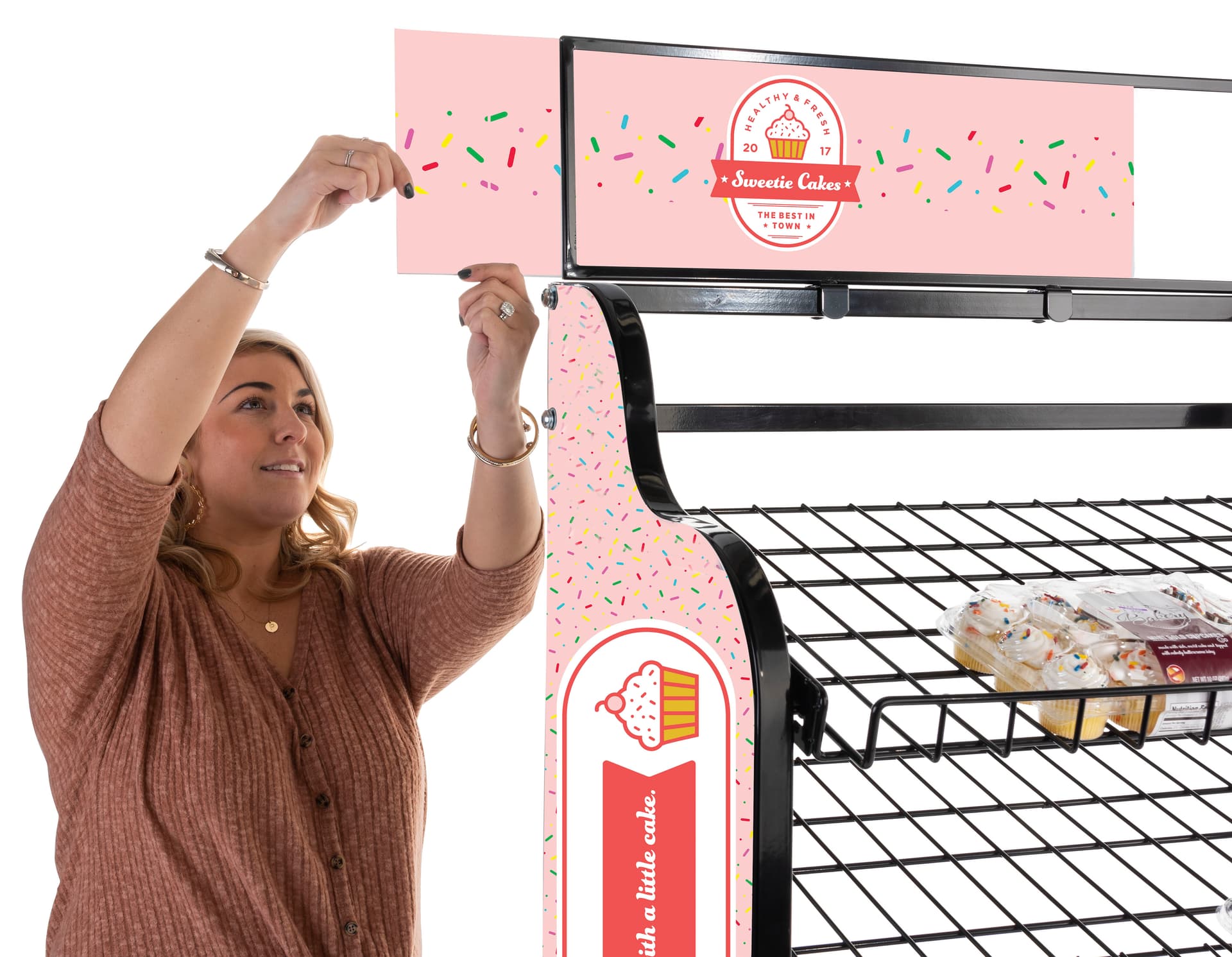 Custom bakery rack signage for BAKCRT6NBK features a flexible slide-in header 