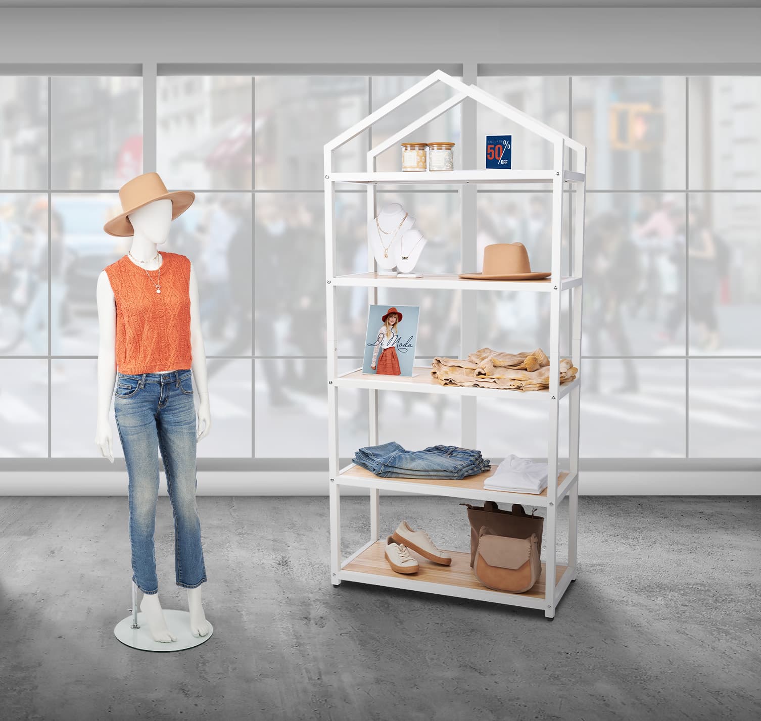 White metal and wood shelving unit with triangle top design 