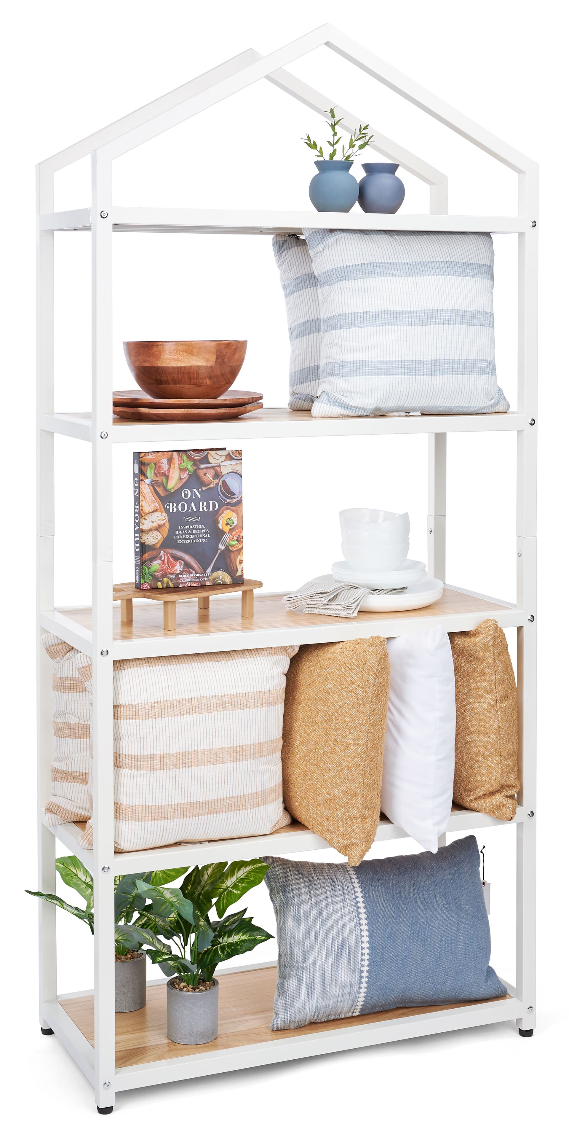 White metal and wood shelving unit with 14 inch shelf clearance 