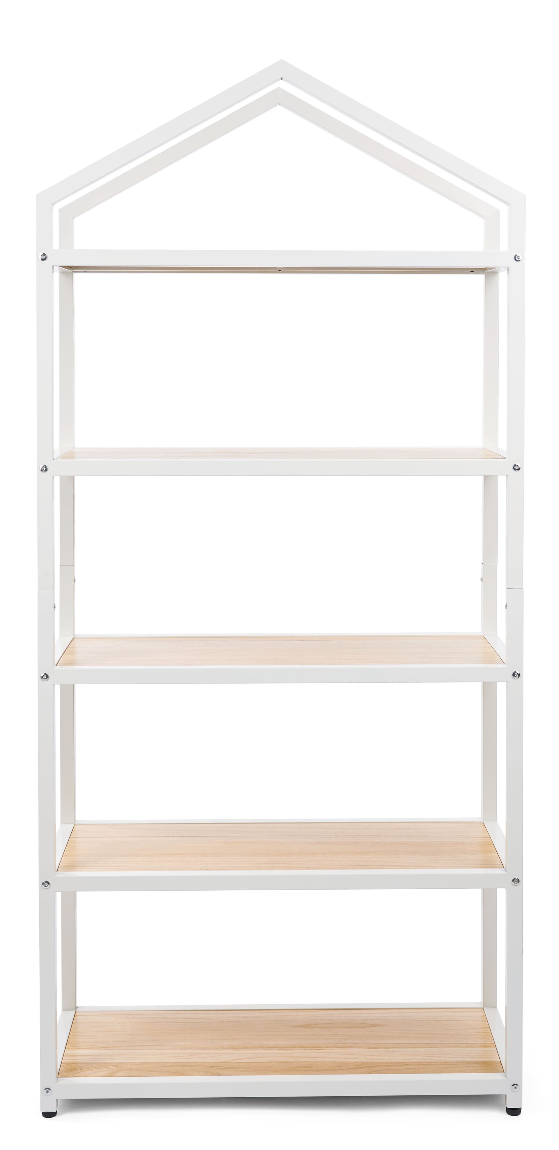 White metal and wood shelving unit with durable powder coated finish 