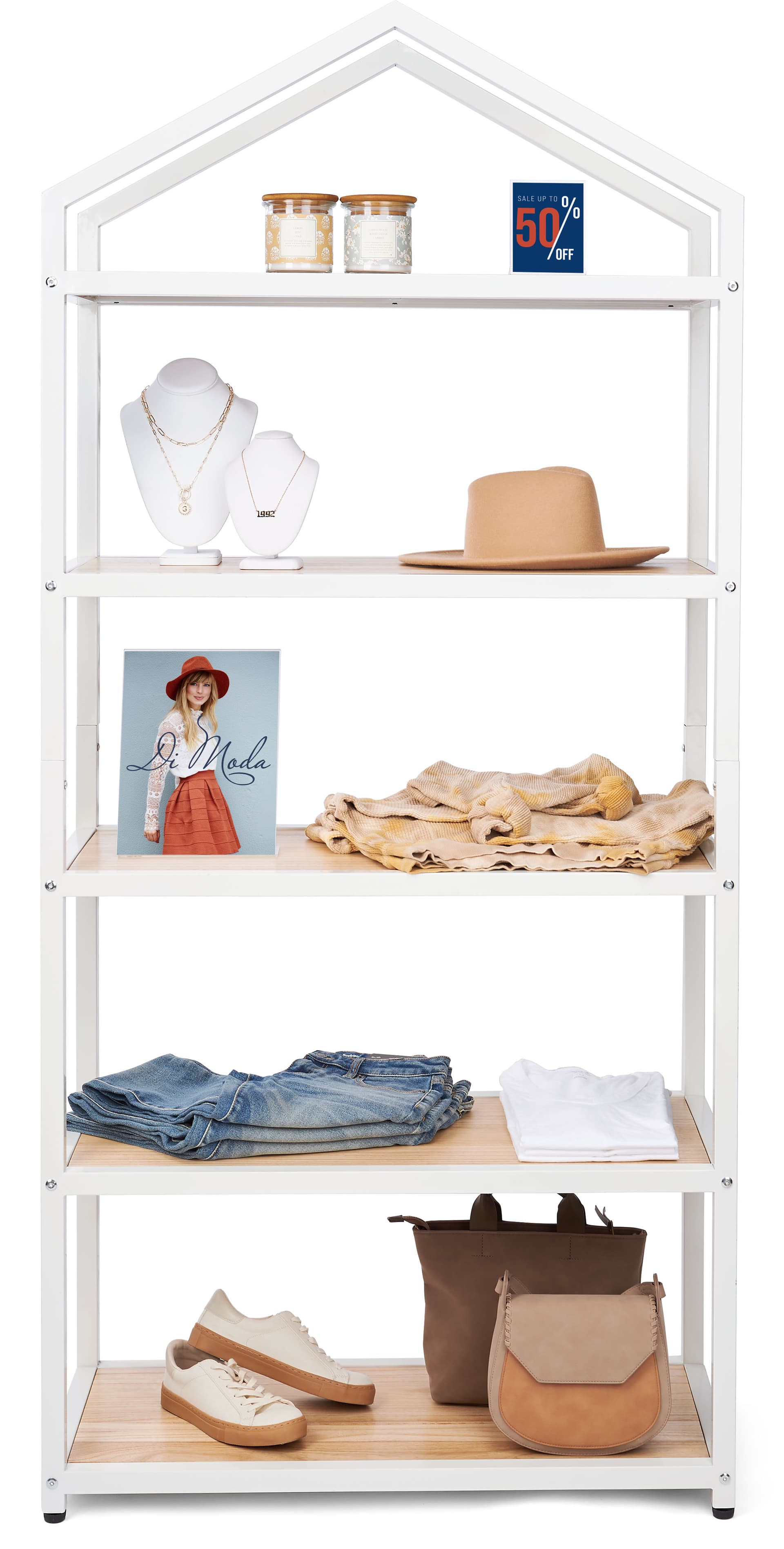 78 inch tall white metal and wood shelving unit