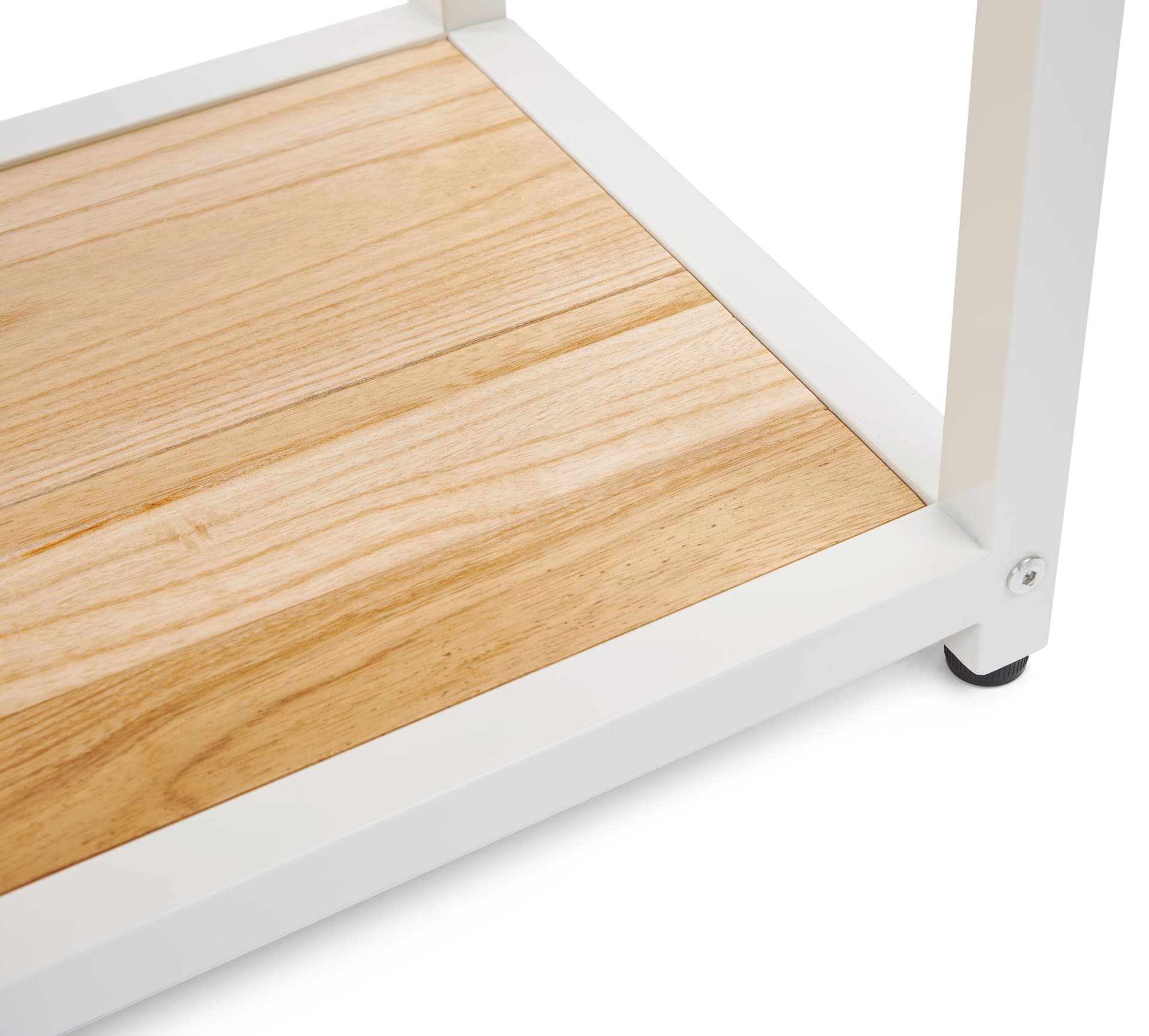 White metal and wood shelving unit with natural wood design 