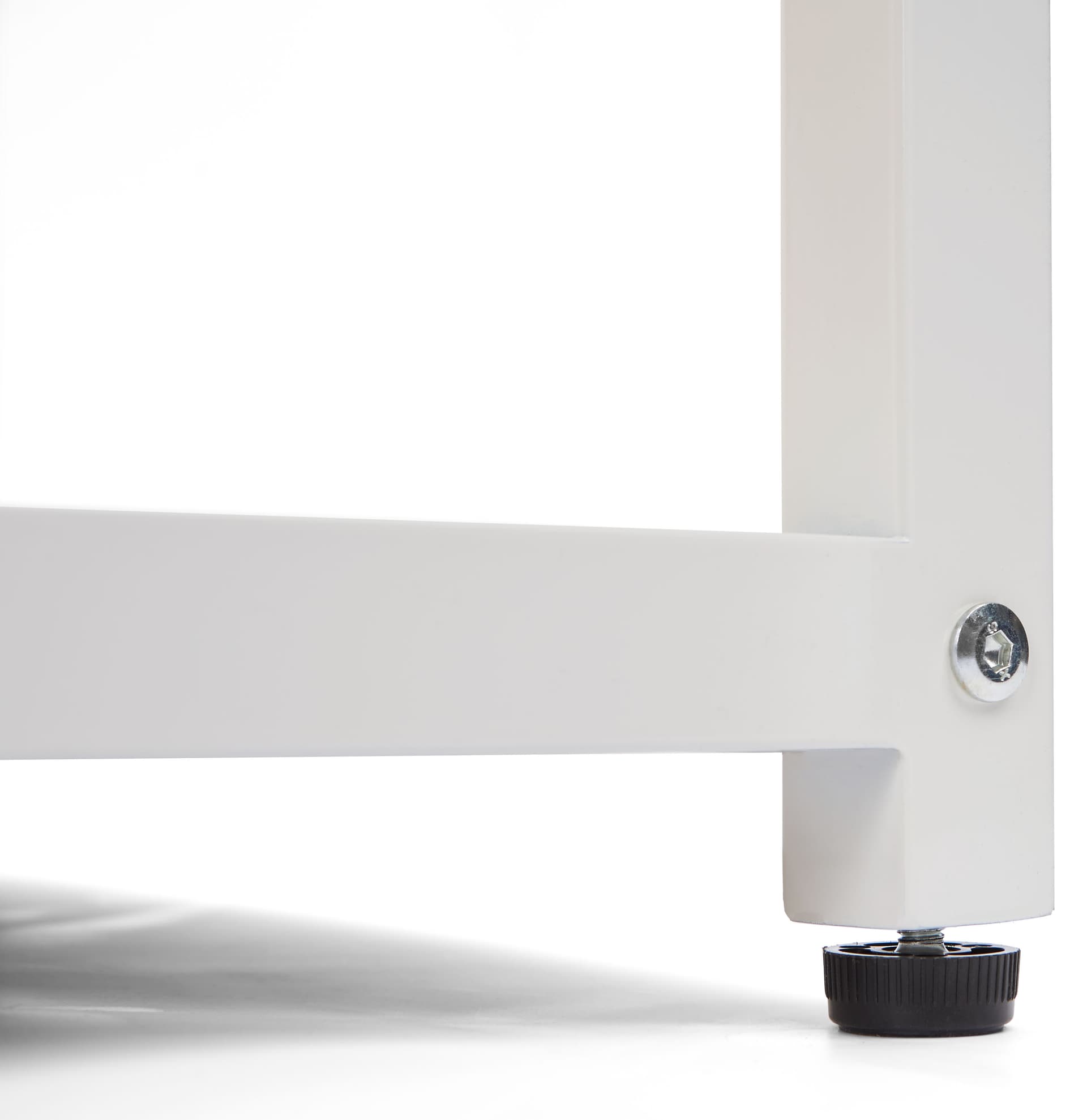 White metal and wood shelving unit with adjustable floor levelers 