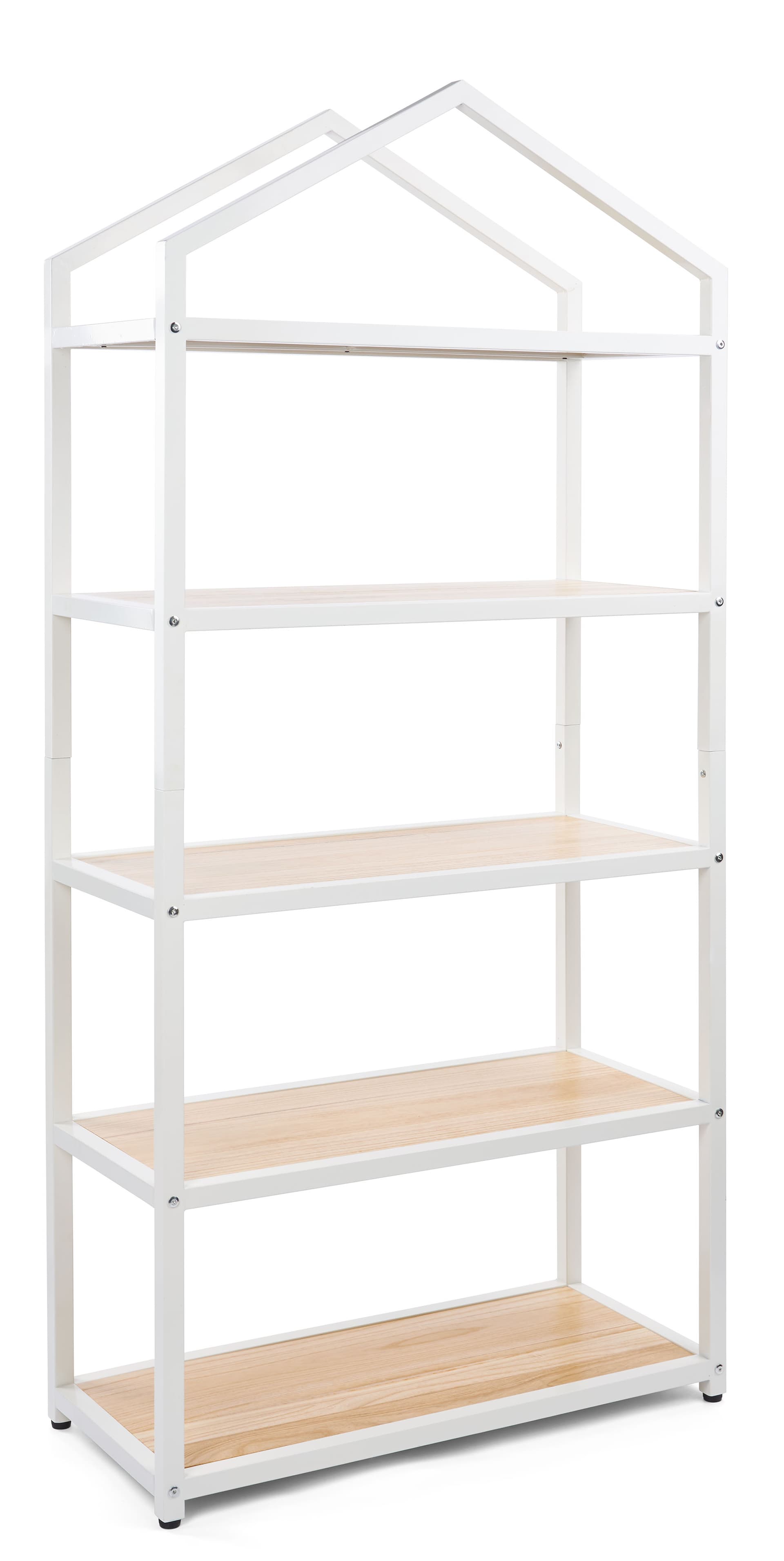 White metal and wood shelving unit with 5 tiers