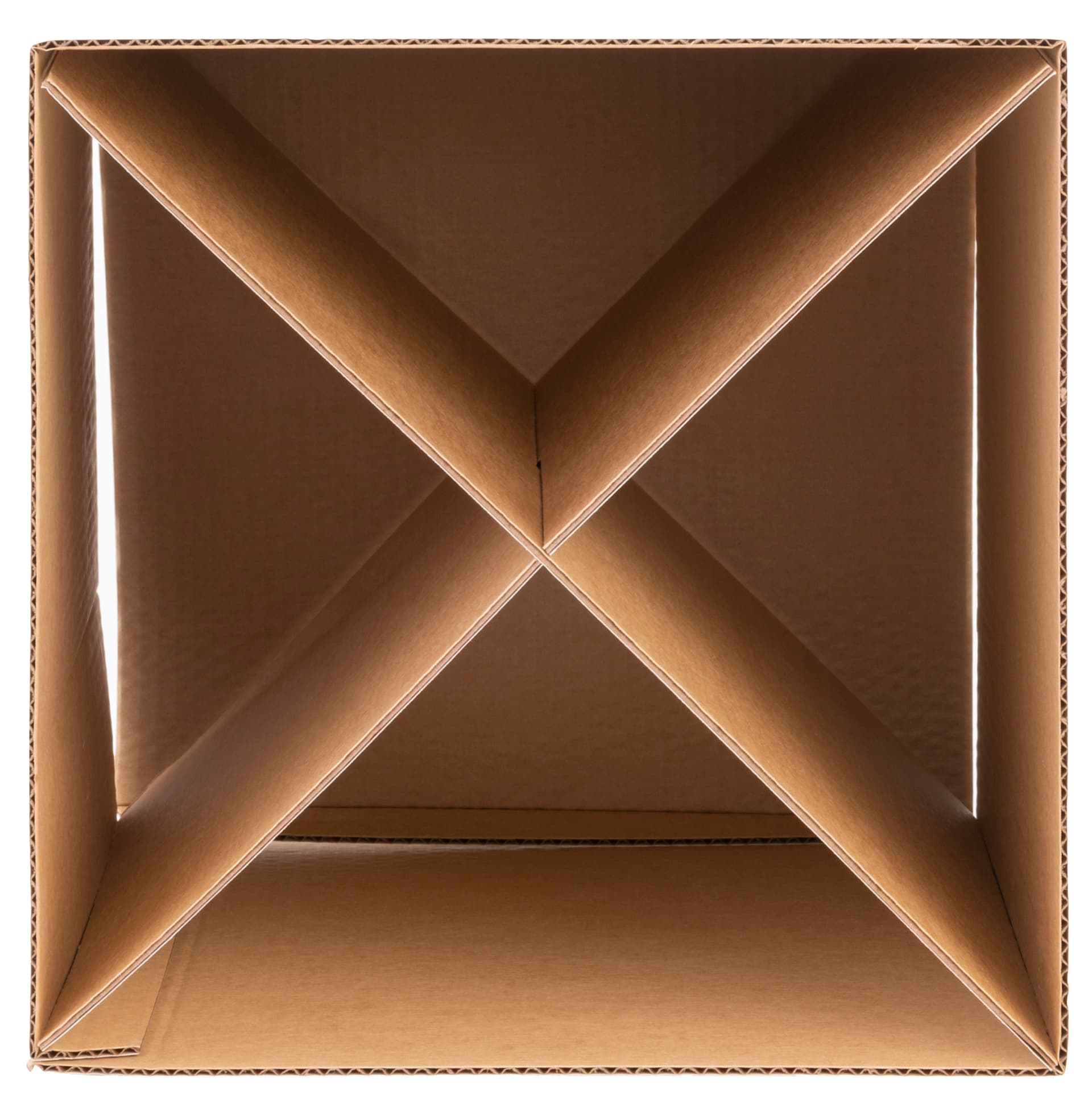 Custom corrugated display cube includes x-shaped internal support
