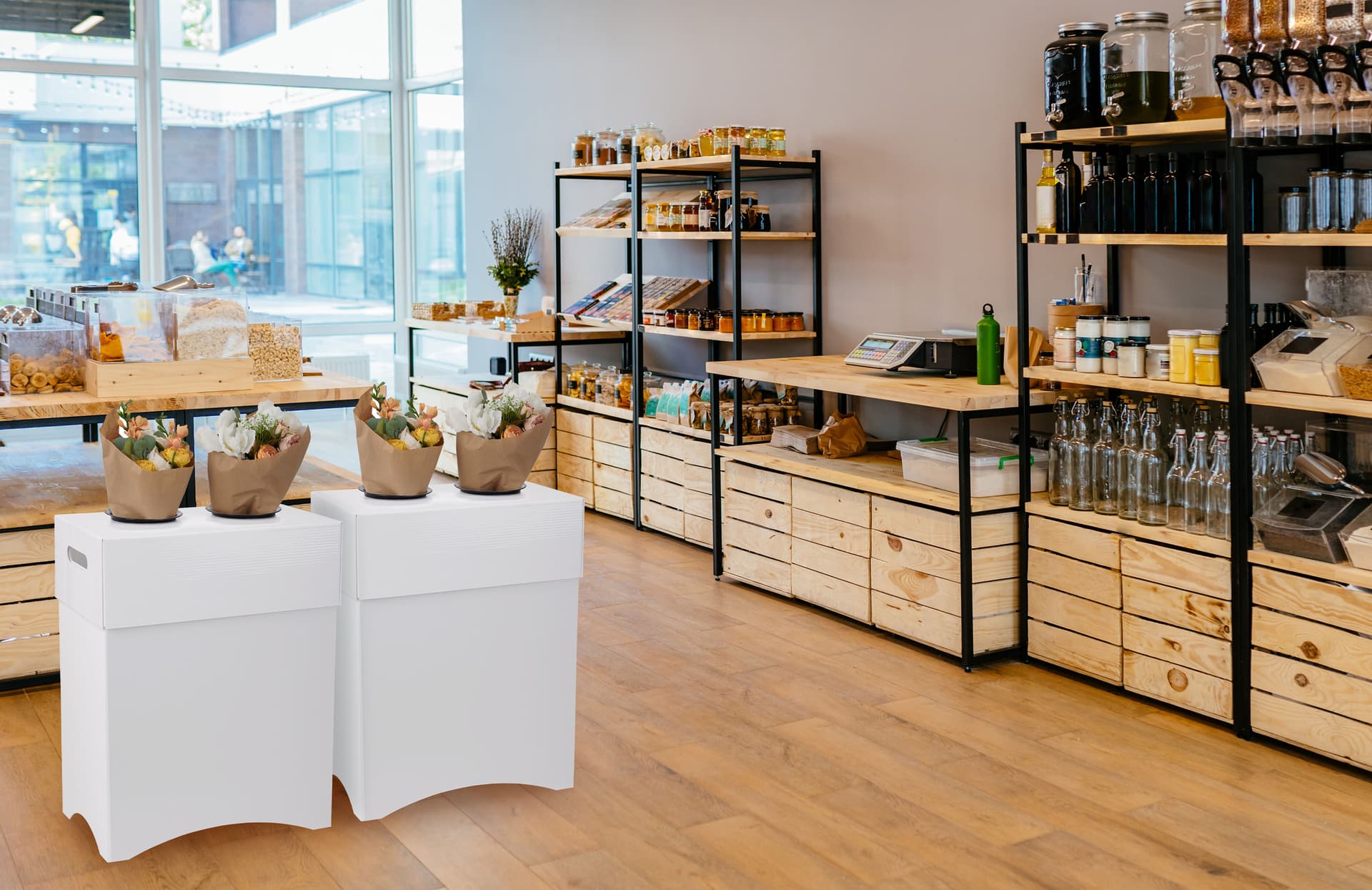 Retail flower display stands with floor standing placement style