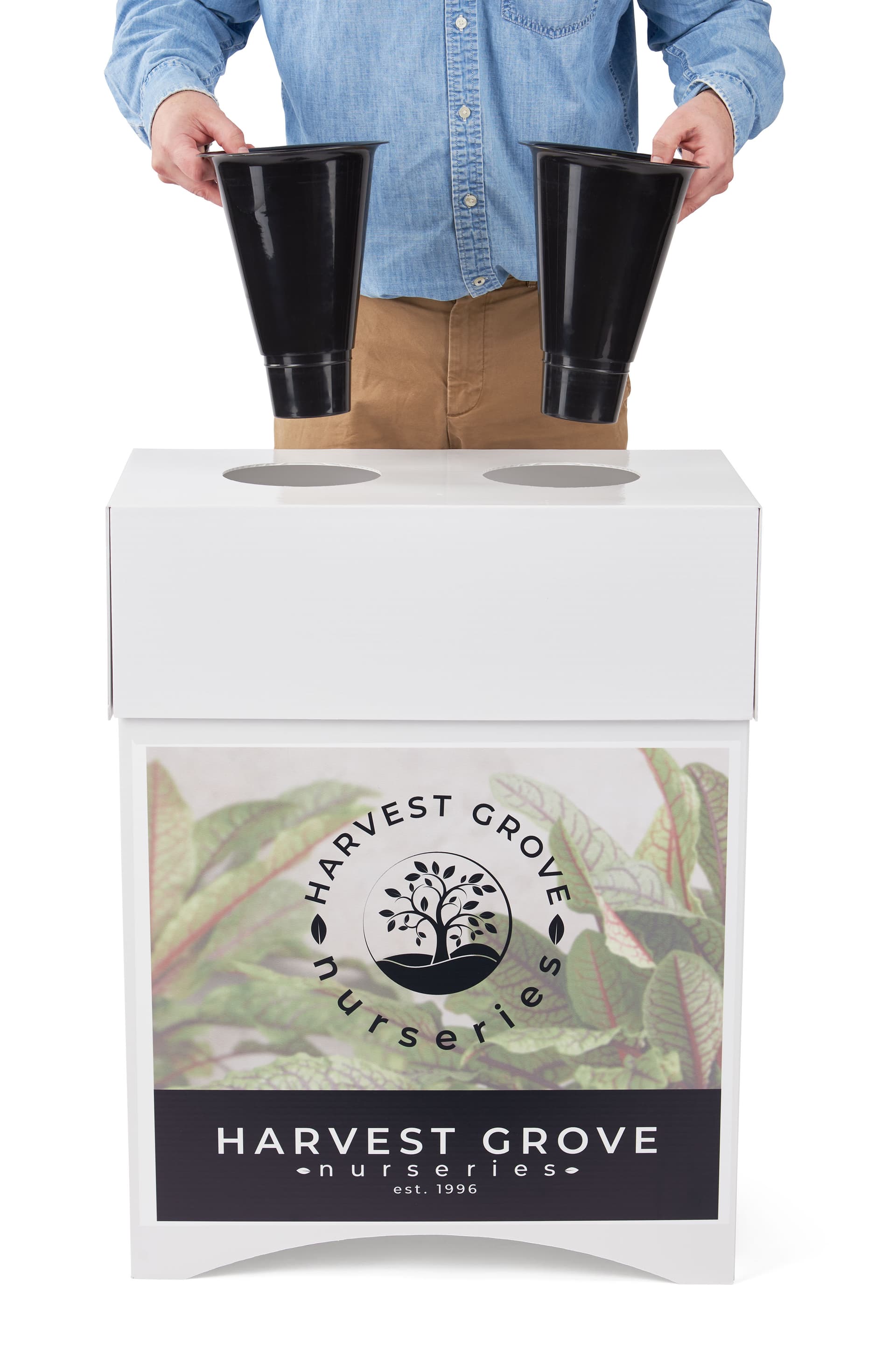 Custom printed flower display stands with removable plastic bucket liners