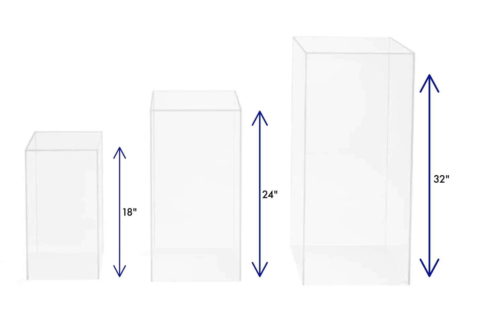 Clear nested display pedestal set with 18 inch, 24 inch and 32 inch tall styles