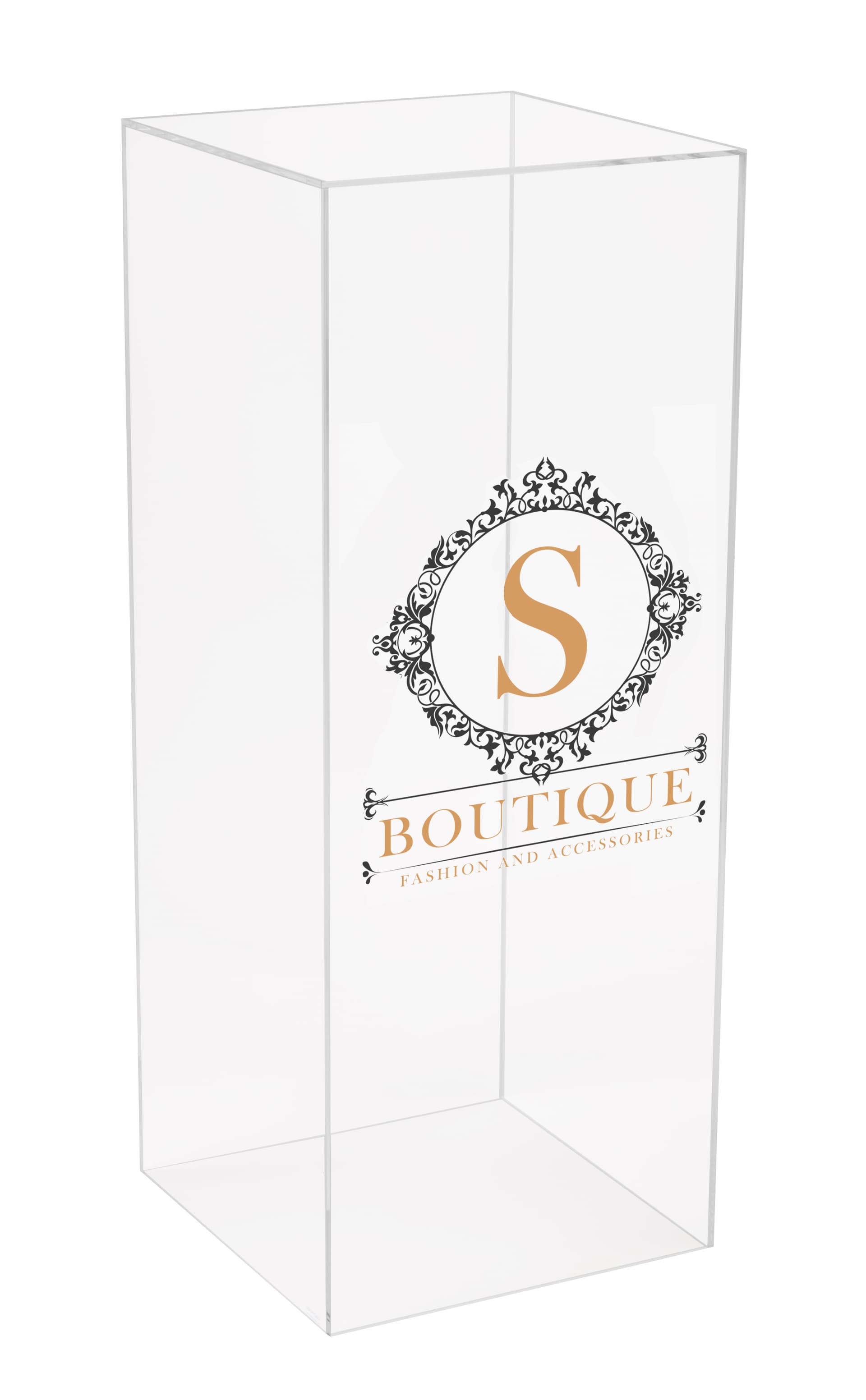 Clear acrylic pedestal with custom graphics on full front panel