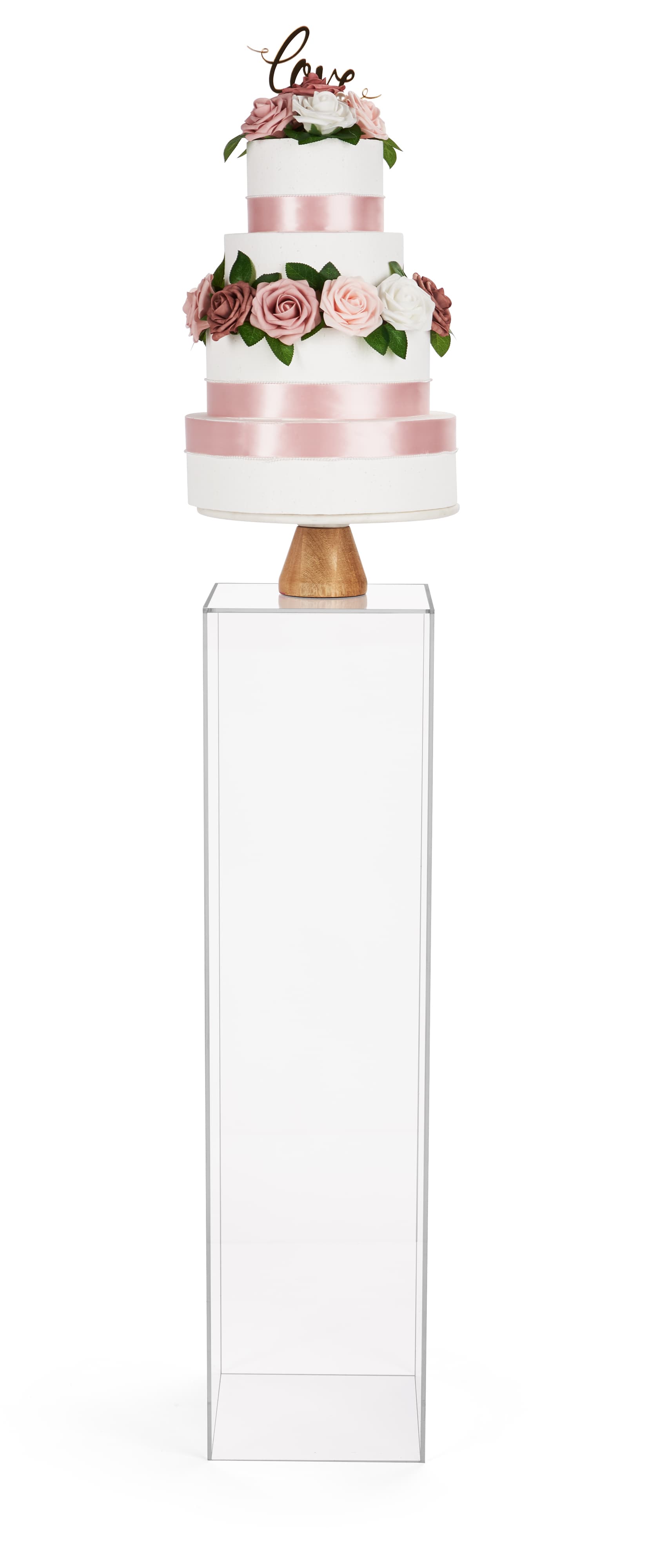 Tall acrylic display pedestal riser with max weight capacity of 35 pounds