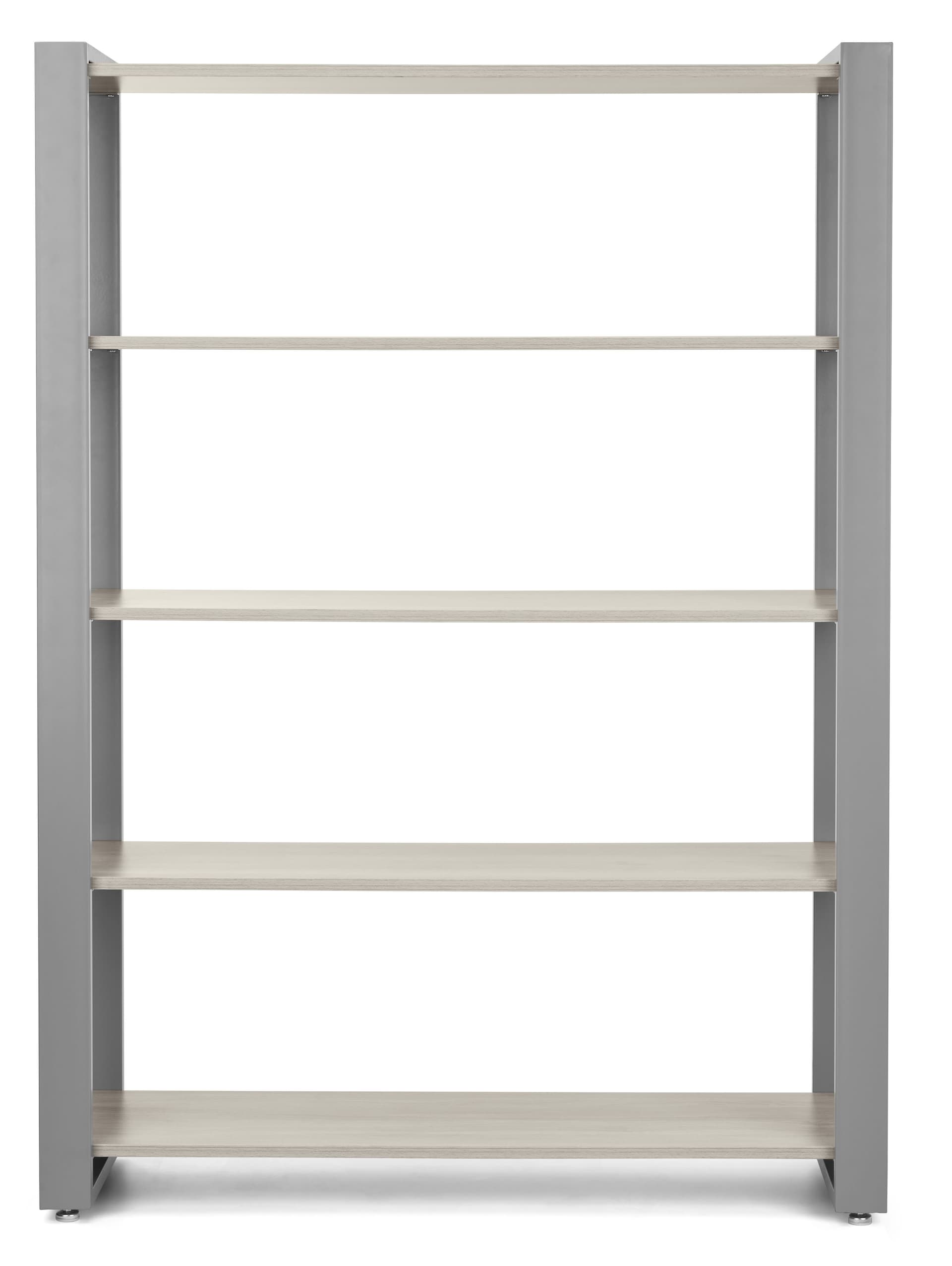 Modern retail display shelving with five shelves and open back