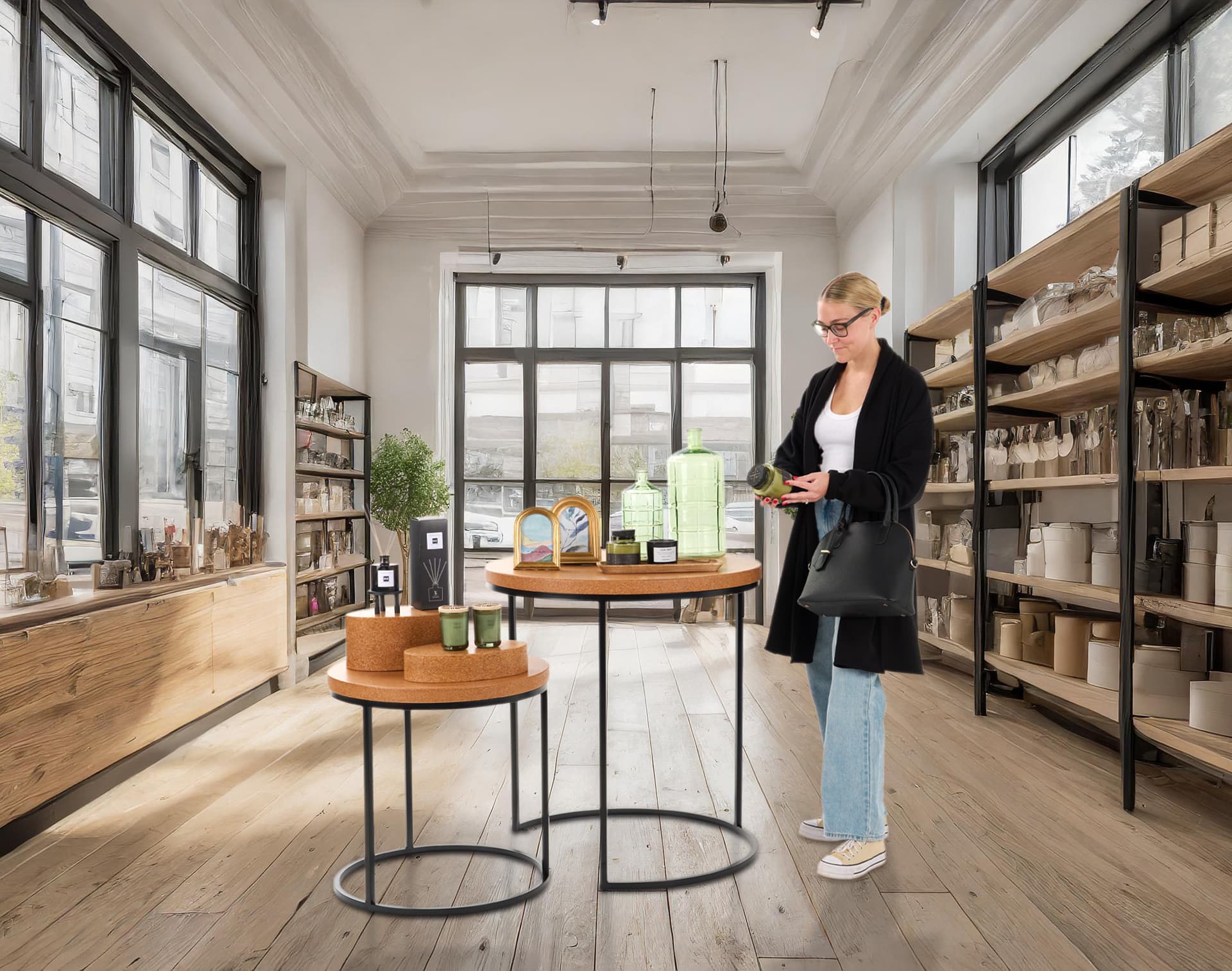 Round cork tables in retail store