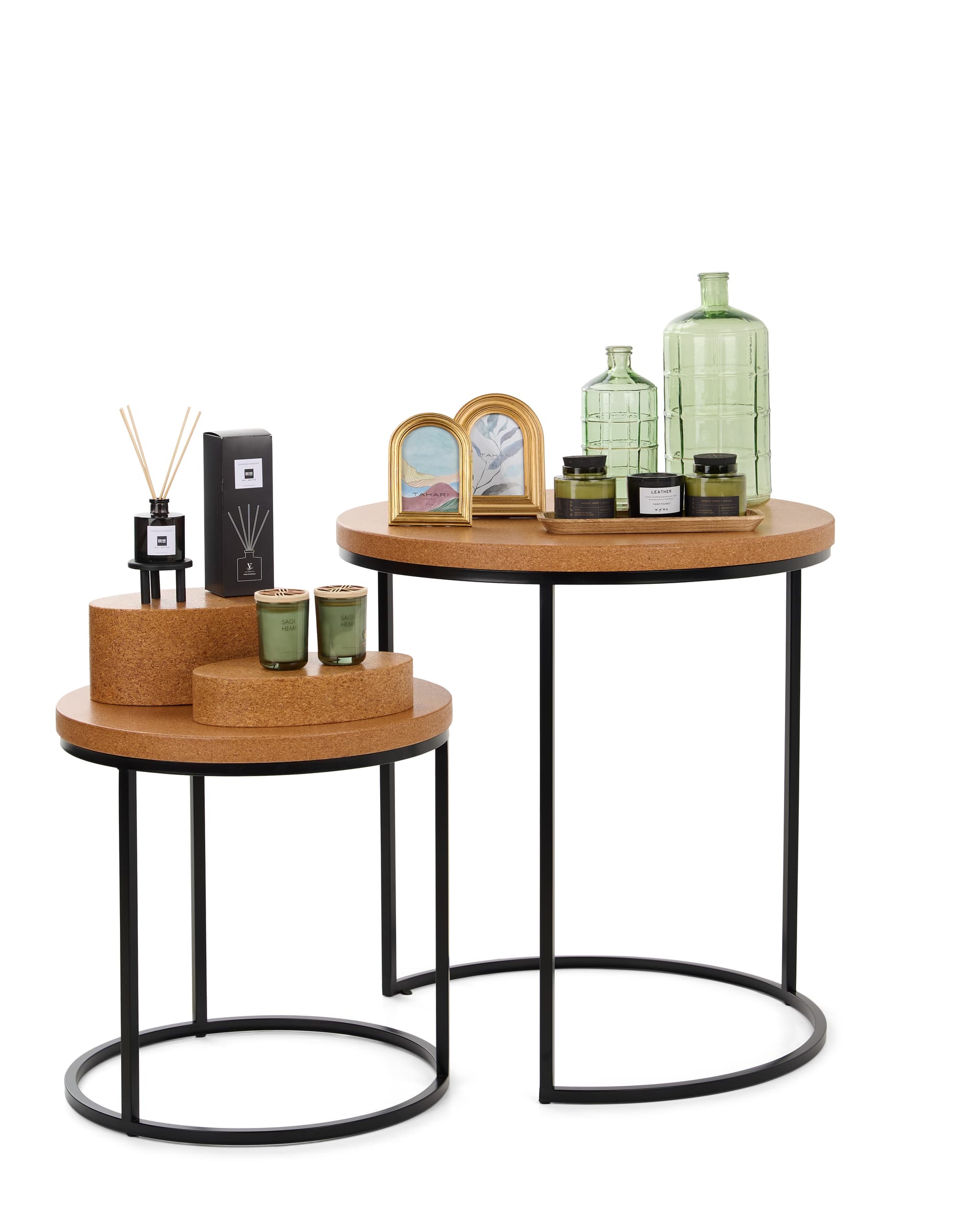 Round cork nesting tables with 200 lb weight capacity