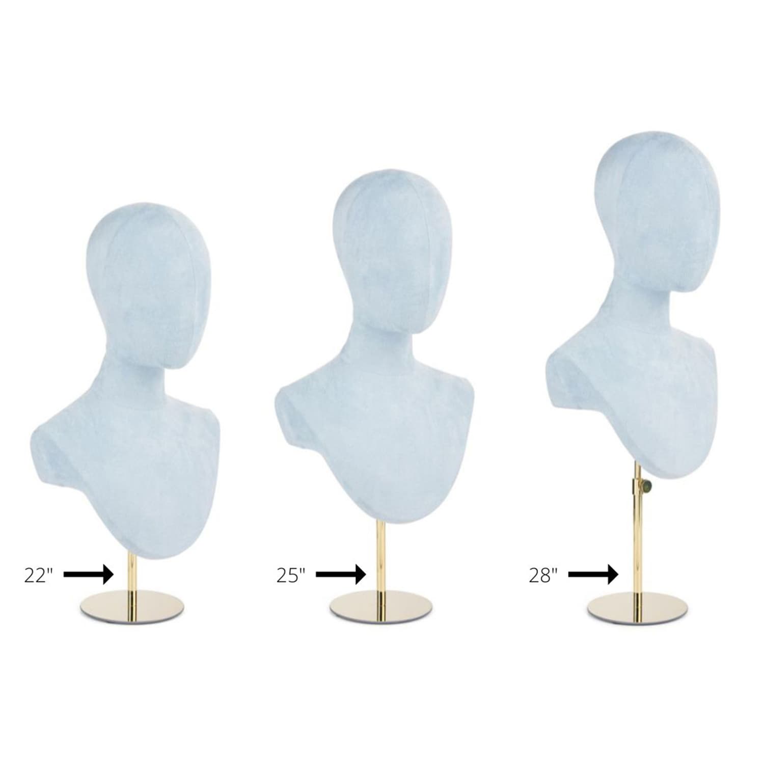Jewelry head bust display with 15 in. to 20 in. height range