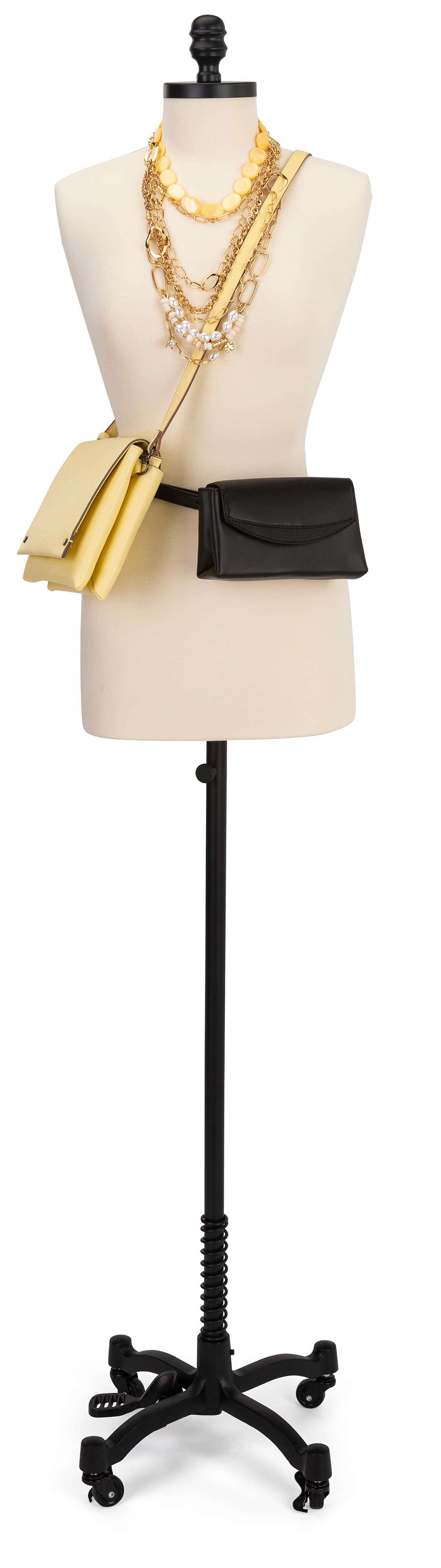 Professional female dress form with height-adjustable base 