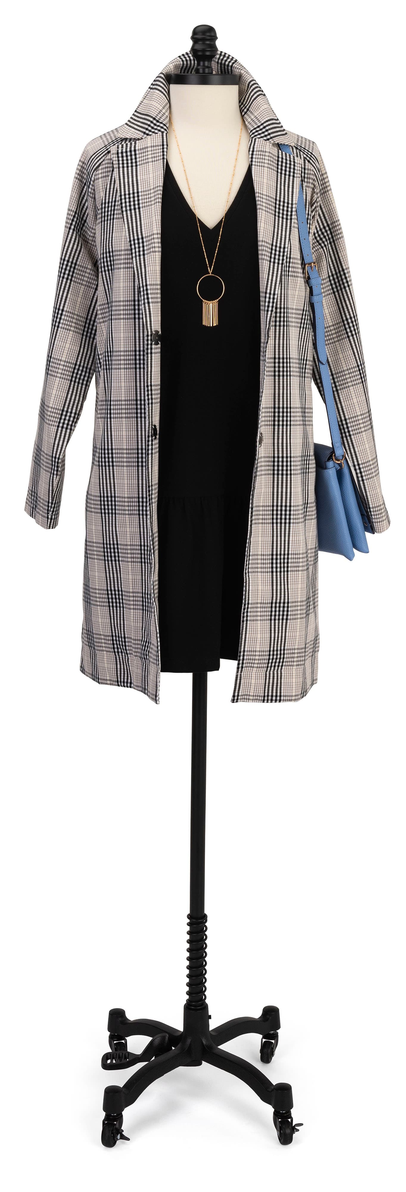 Professional female dress form with metal base and neck cap 