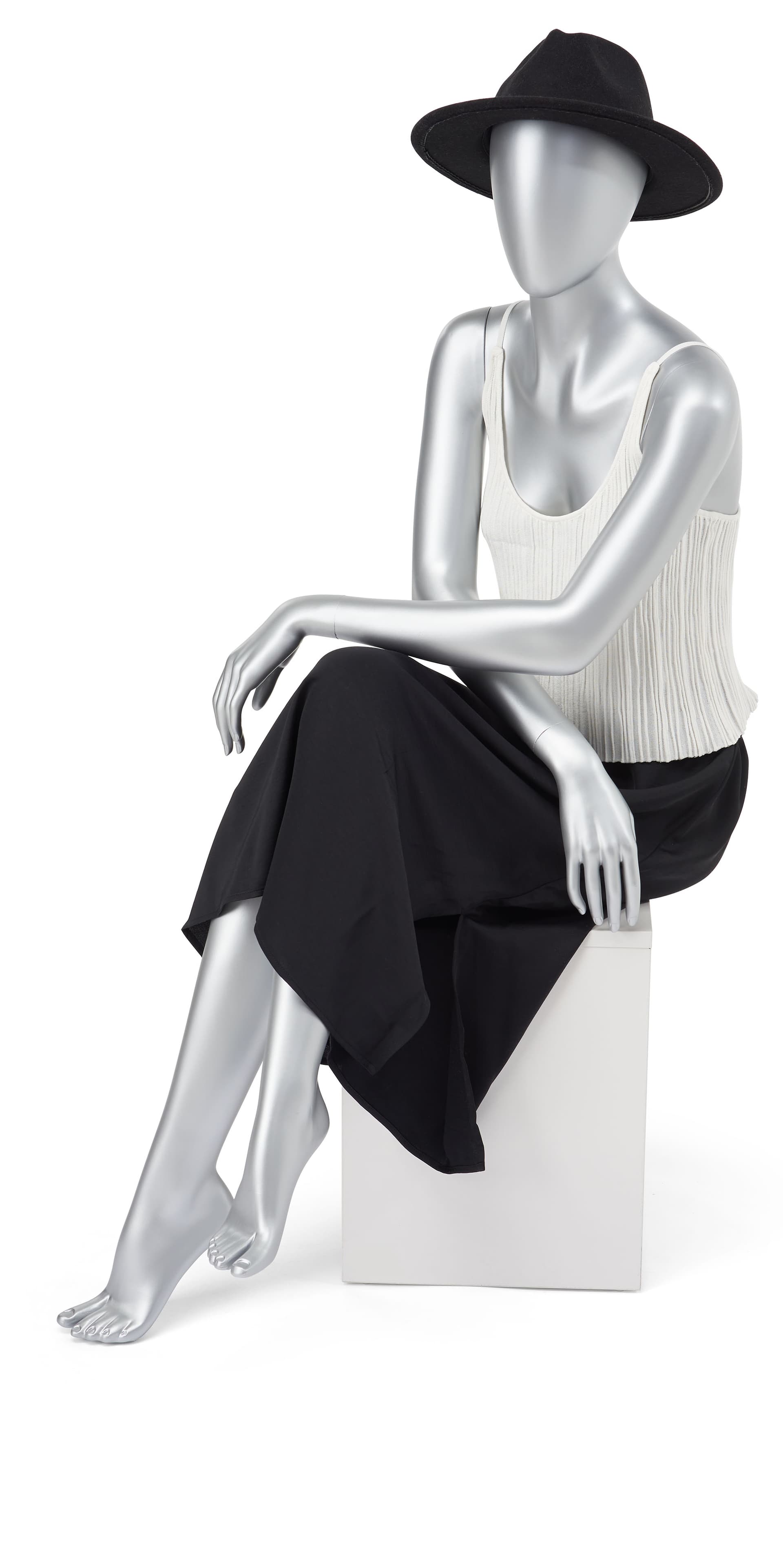 Abstract seated female mannequin with eco-friendly construction 