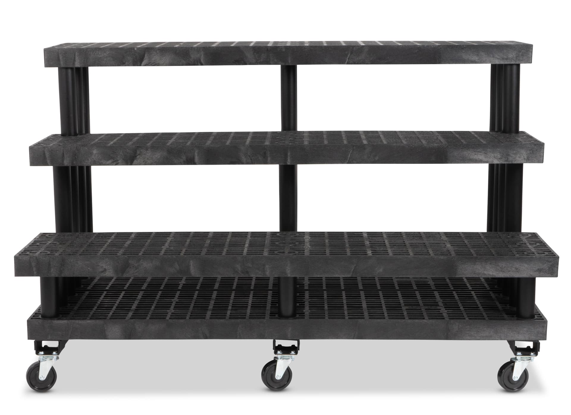 Rolling commercial nursery rack made with 100 percent post-consumer recycled plastics