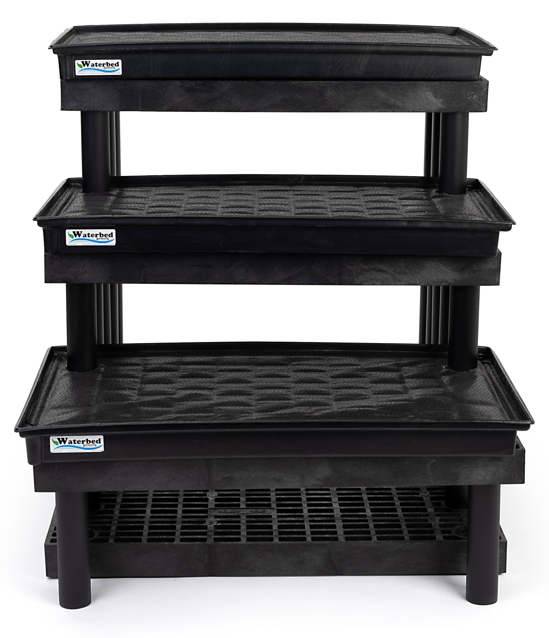 3 tier plastic garden center display rack with removable watering trays and legs 